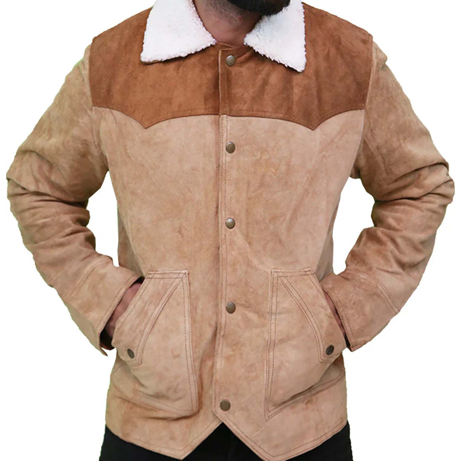 Full display of the suede leather jacket with cowboy style for men