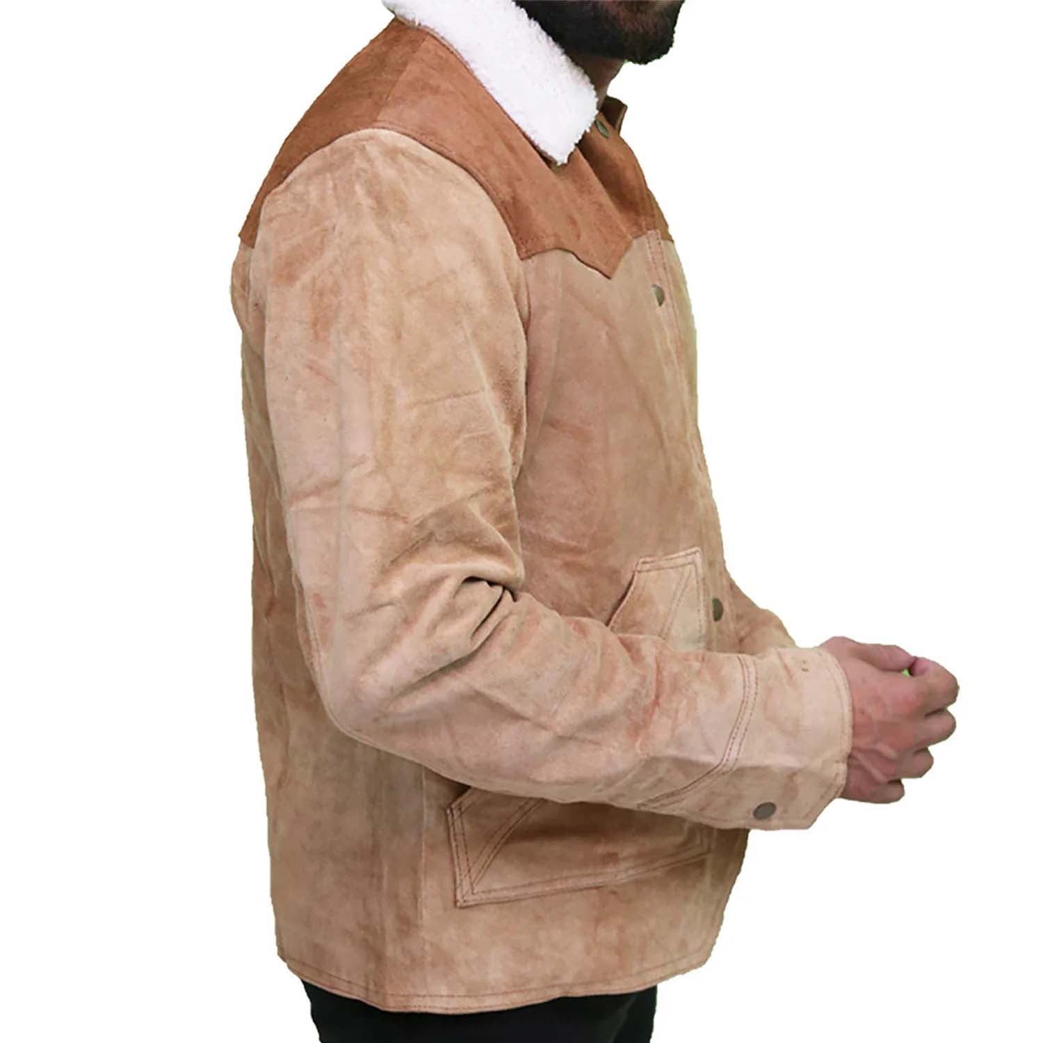 Side profile of the suede leather jacket with fur trim for men