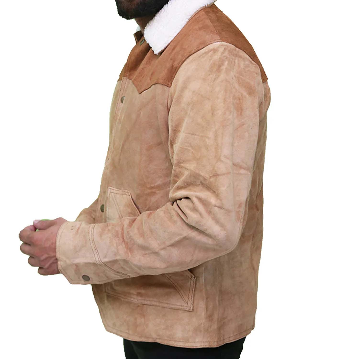 Detail shot of the suede leather jacket with fur trim for men
