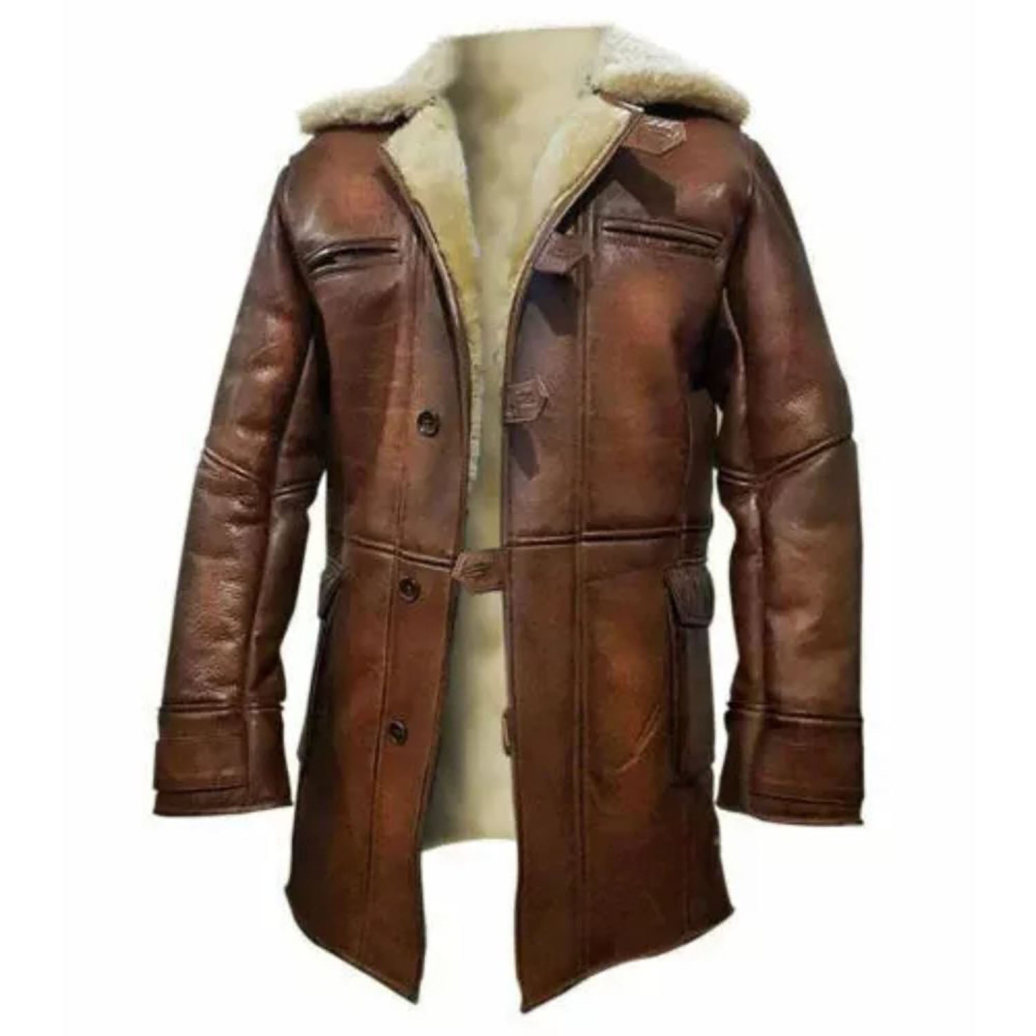 Worn styled look of the brown cowhide leather coat with fur trim for men