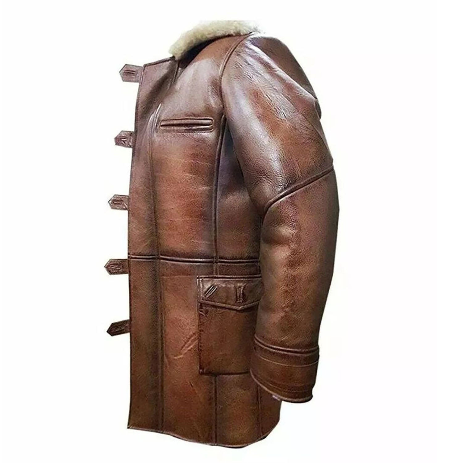 Full display of the brown cowhide leather coat with fur trim for men