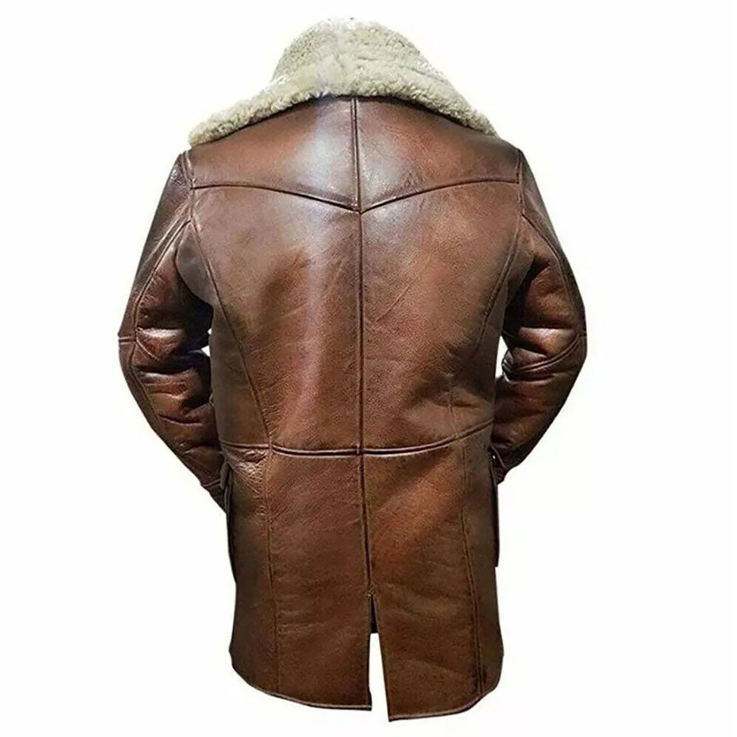 Detail shot of the brown cowhide leather coat with fur trim for men