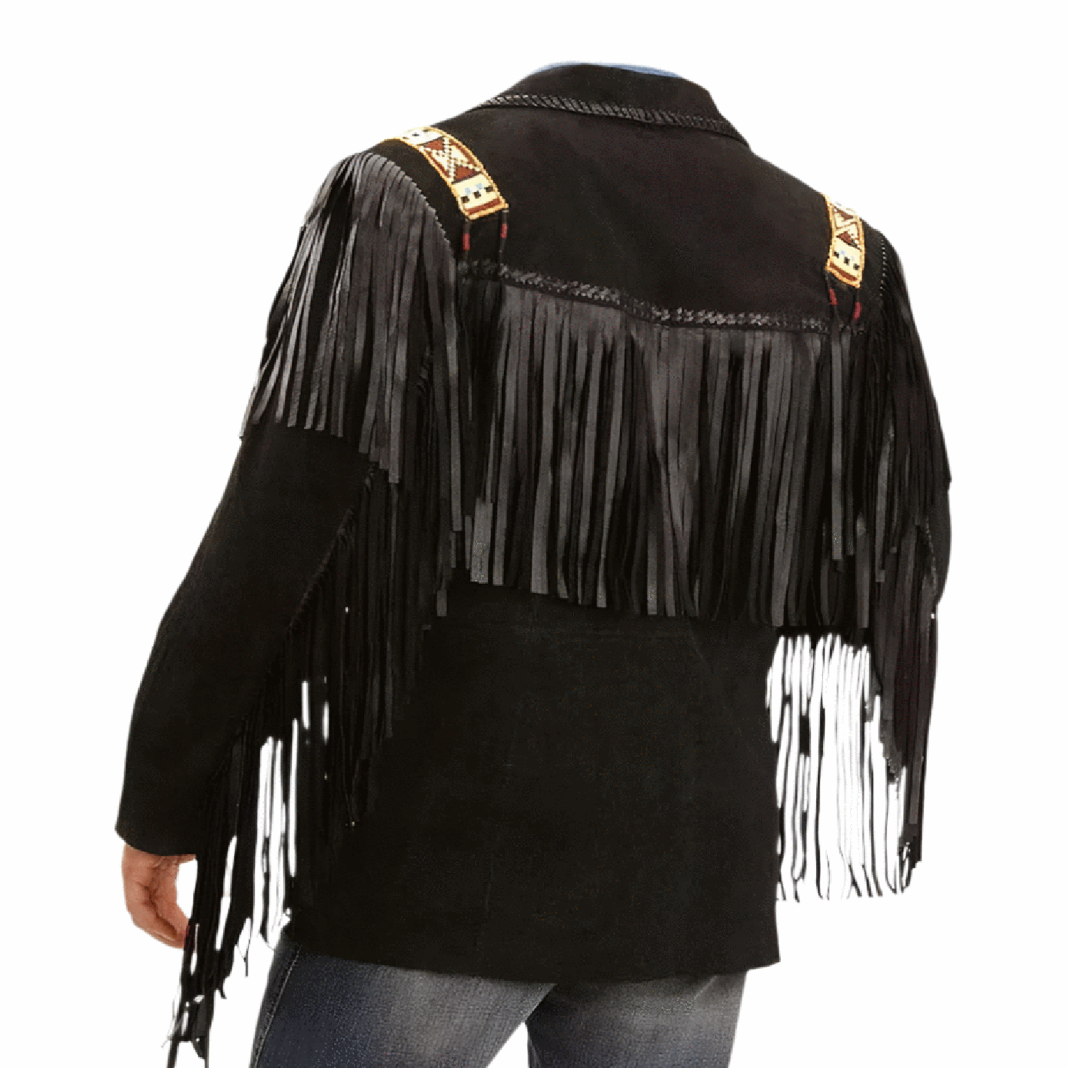 Side profile of the black suede leather fringe jacket with bone-work trim for men