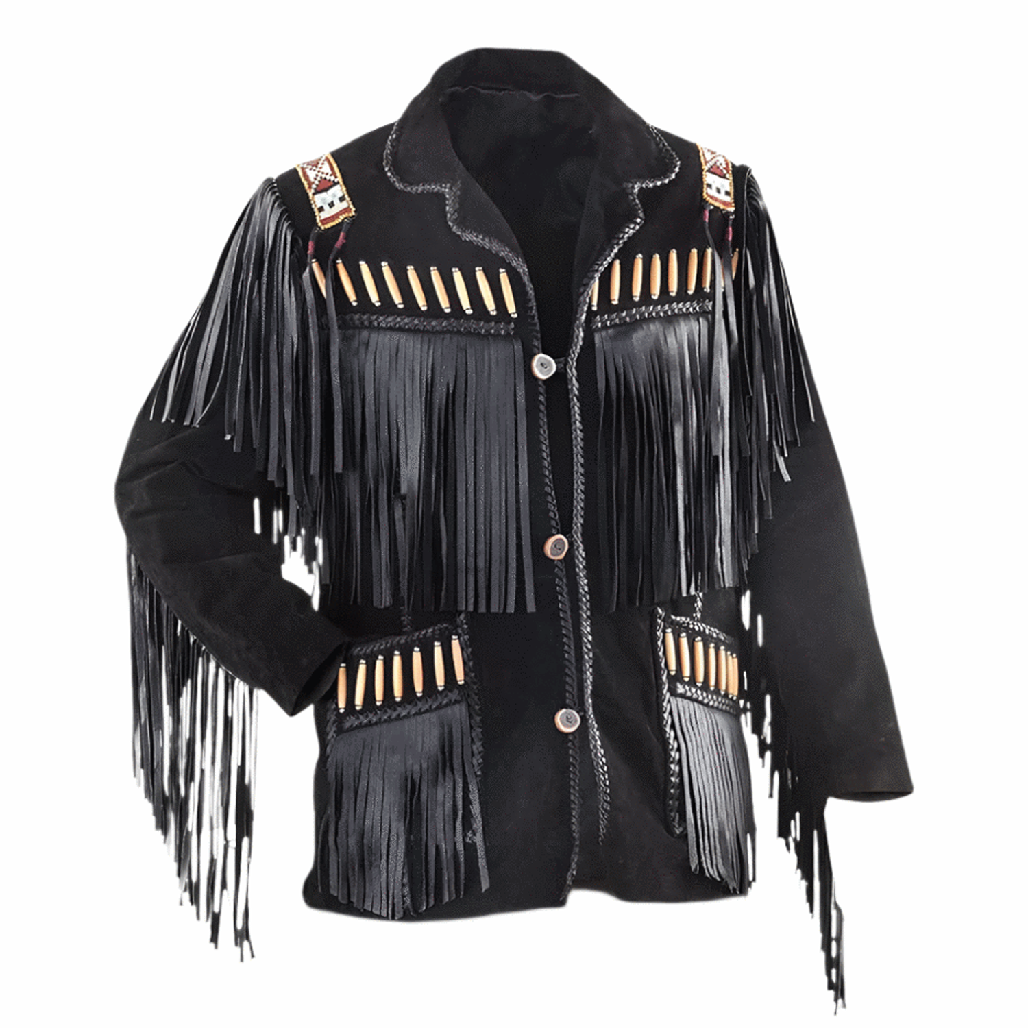 Front view of the black suede leather fringe jacket with bone-work trim for men