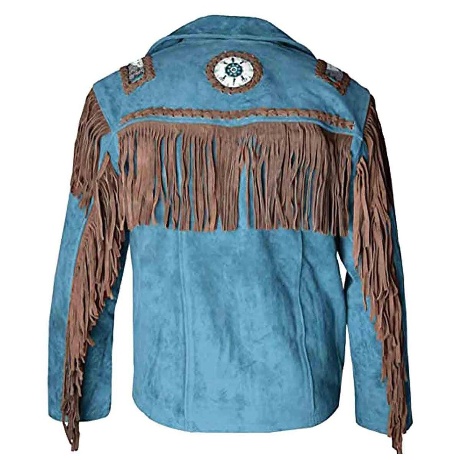 Back View of Blue suede leather fringe jacket with bone-work trim