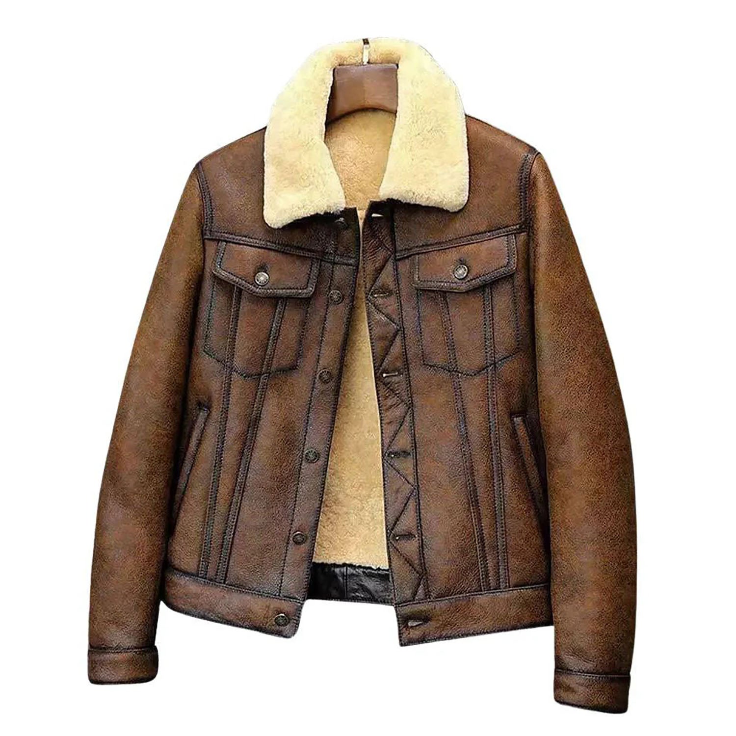 Close-up detail showing the brown sheepskin leather bomber jacket with aviator bomber style