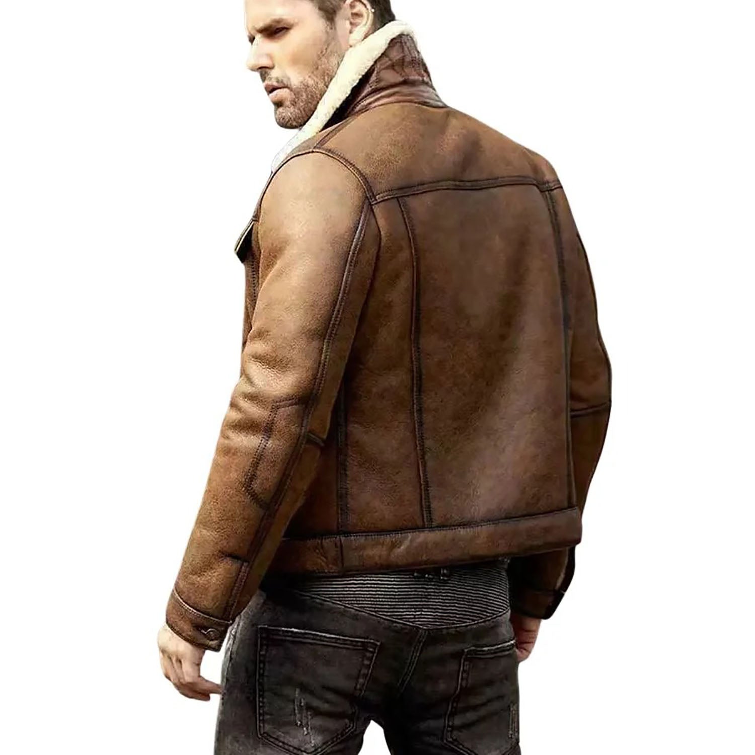 Worn styled look showing the brown sheepskin leather bomber jacket with fur trim