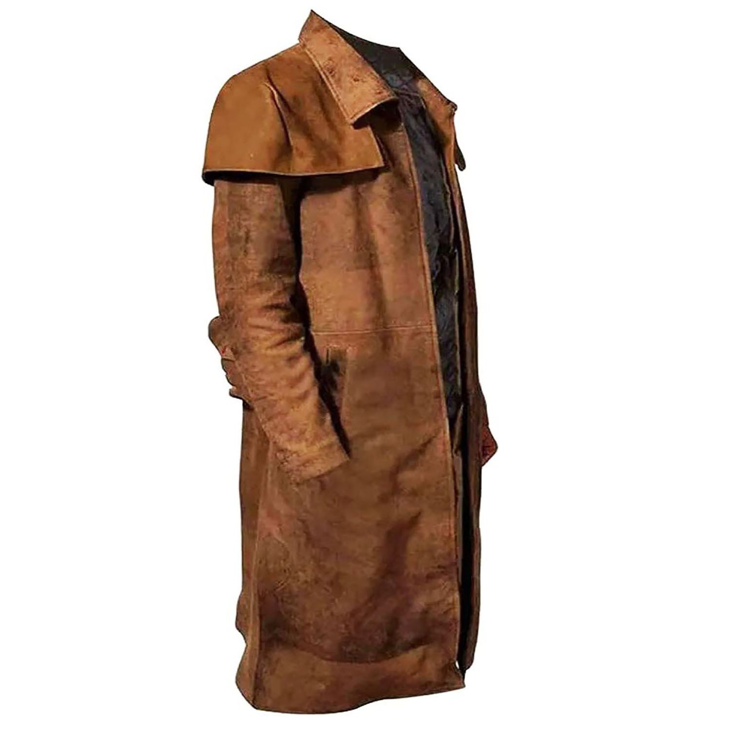 Close-up detail of the brown leather coat for men