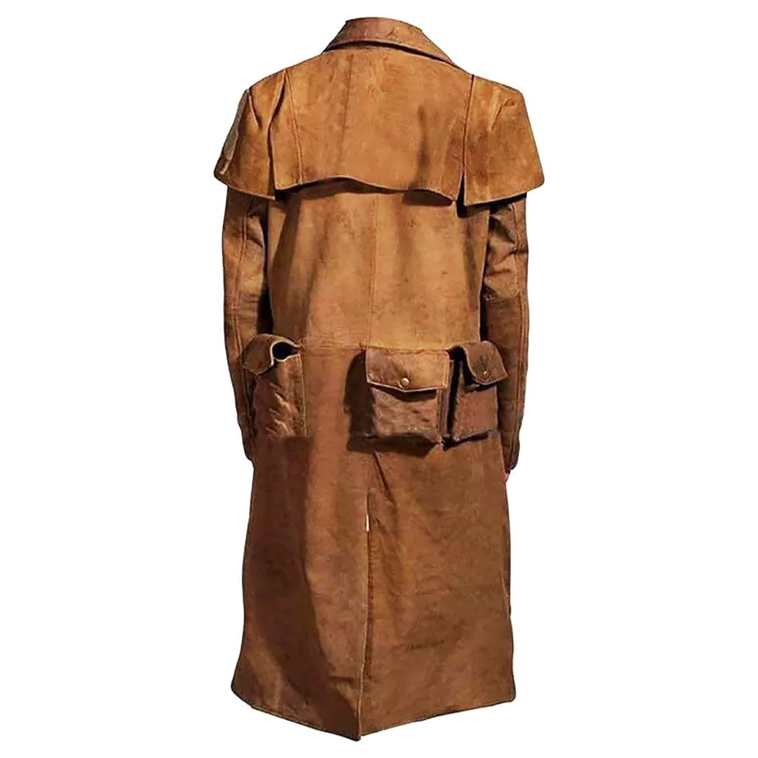 Full display of the brown leather coat for men