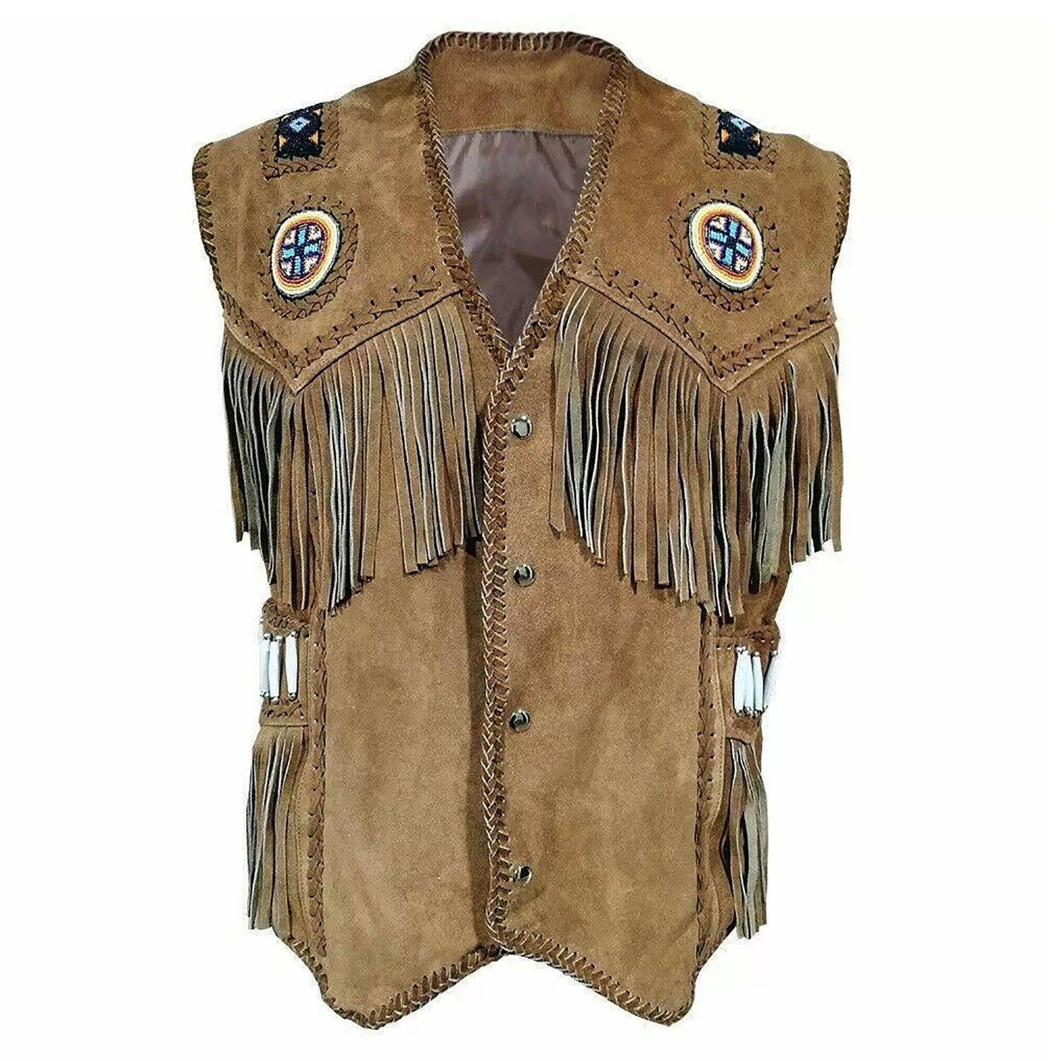 The brown leather fringe vest with bone-work trim, pictured in detail