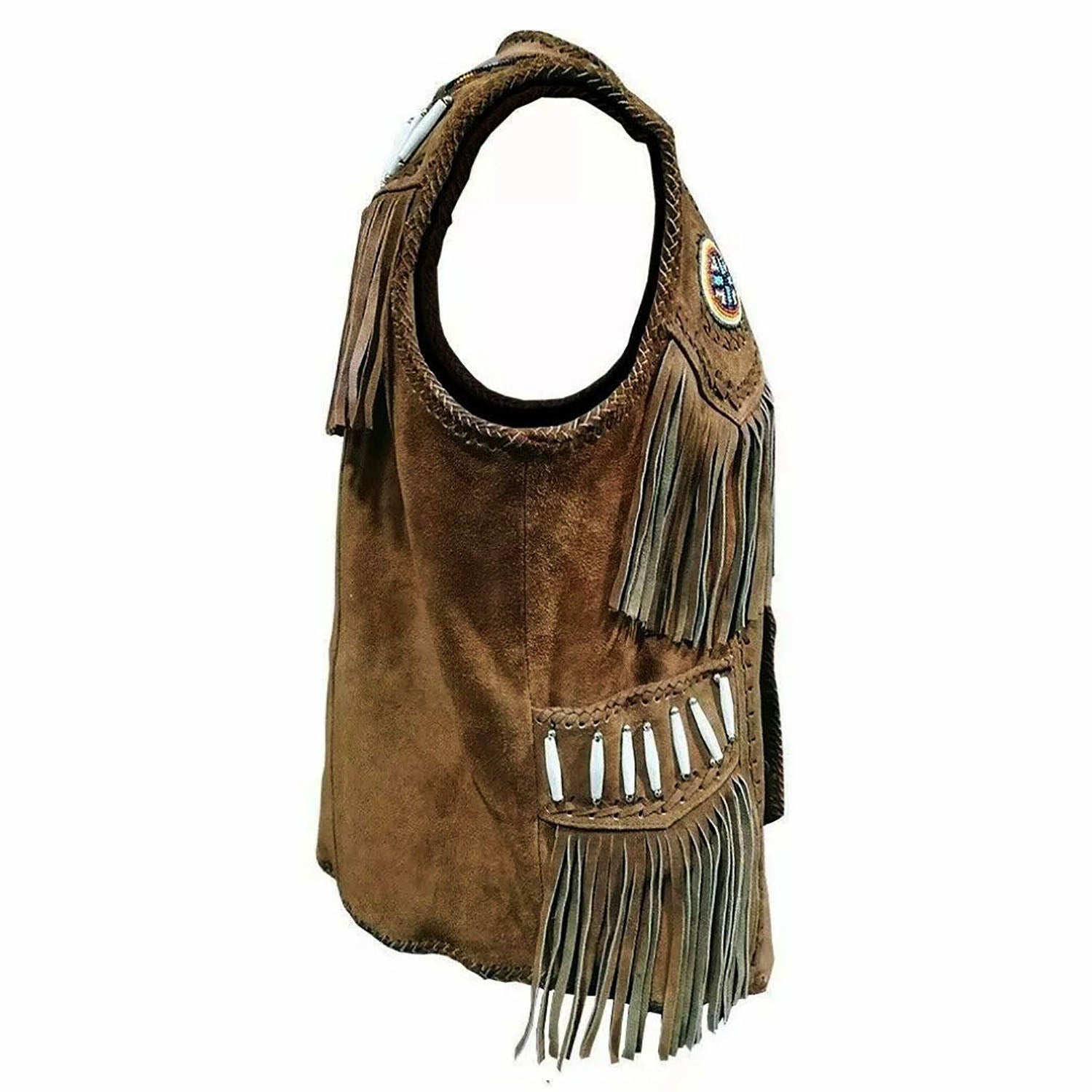 The brown leather fringe vest with beaded detailing, pictured from the front