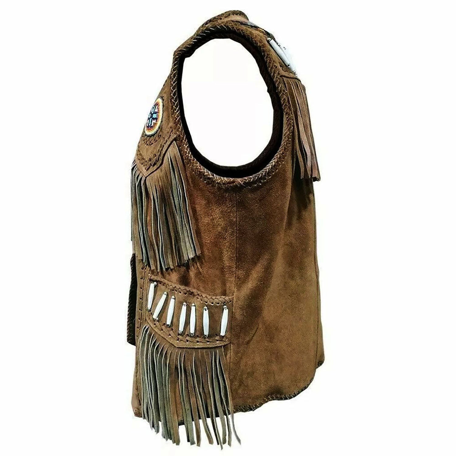 The brown leather fringe vest with bone-work trim, pictured from the side