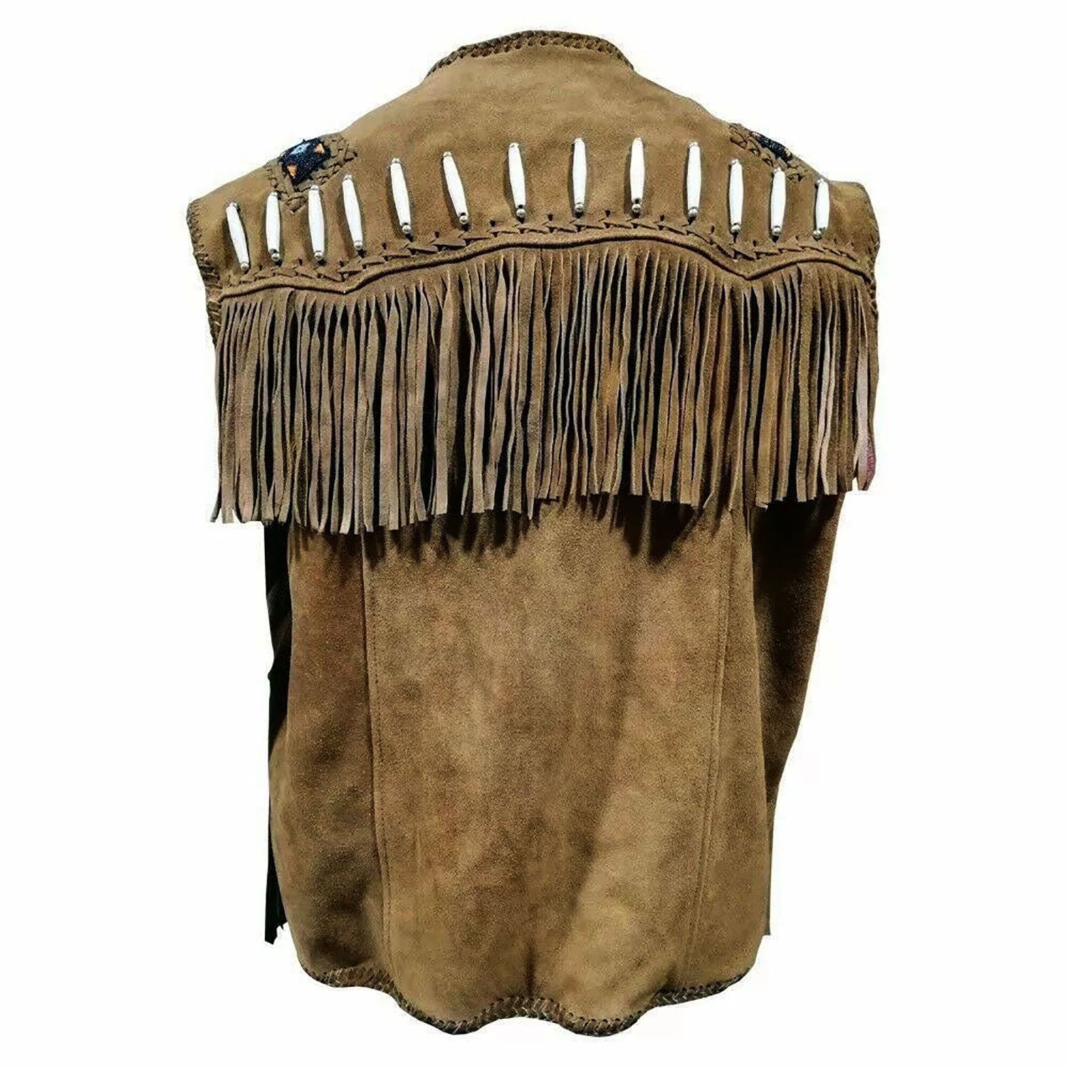 The brown leather fringe vest with beaded detailing, pictured from the back