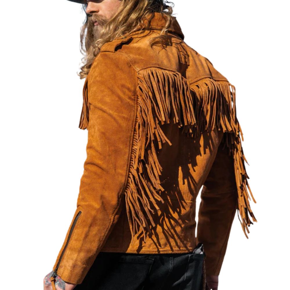 View 224-2 of the brown suede leather fringe jacket for men