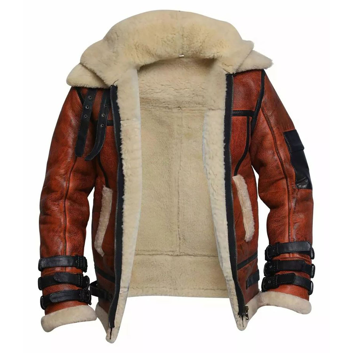 Close-up detail showing the sheepskin leather bomber jacket with aviator bomber style