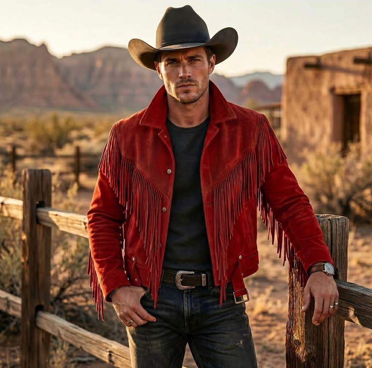 A man wearing a red suede fringe jacket, black cowboy hat, and jeans stands leaning on a wooden fence in a desert landscape with mountains and a rustic building in the background.