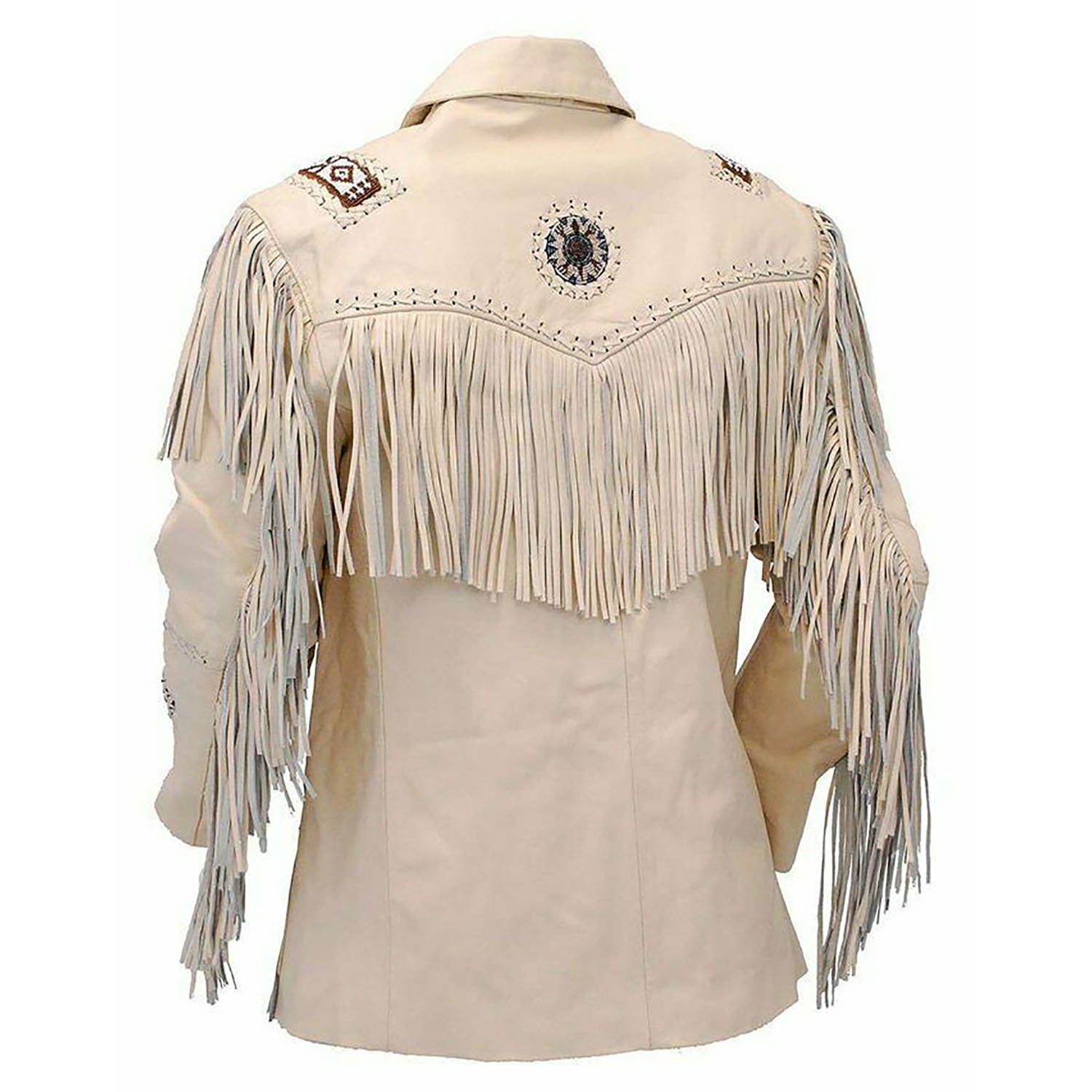 The beige buckskin leather fringe jacket with beaded detailing, pictured from the back