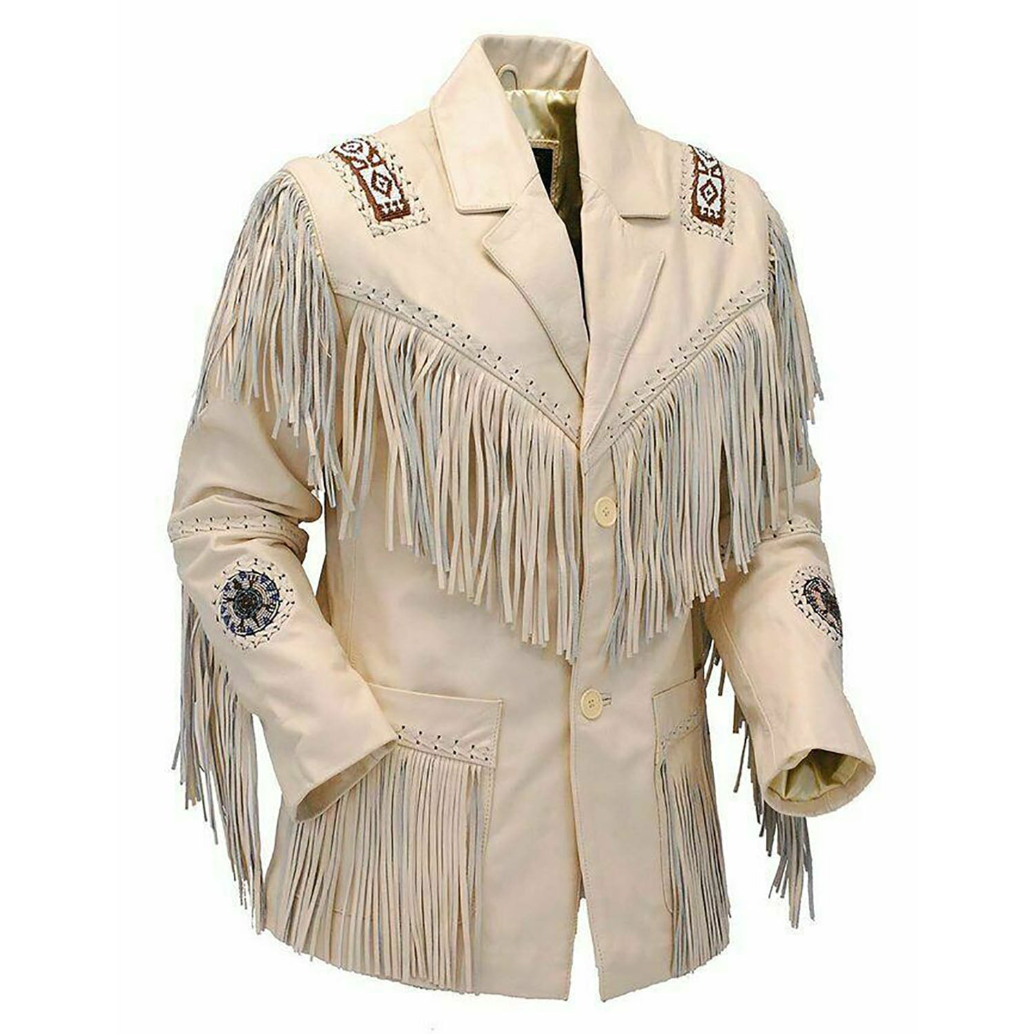The beige buckskin leather fringe jacket with beaded detailing, pictured from the side