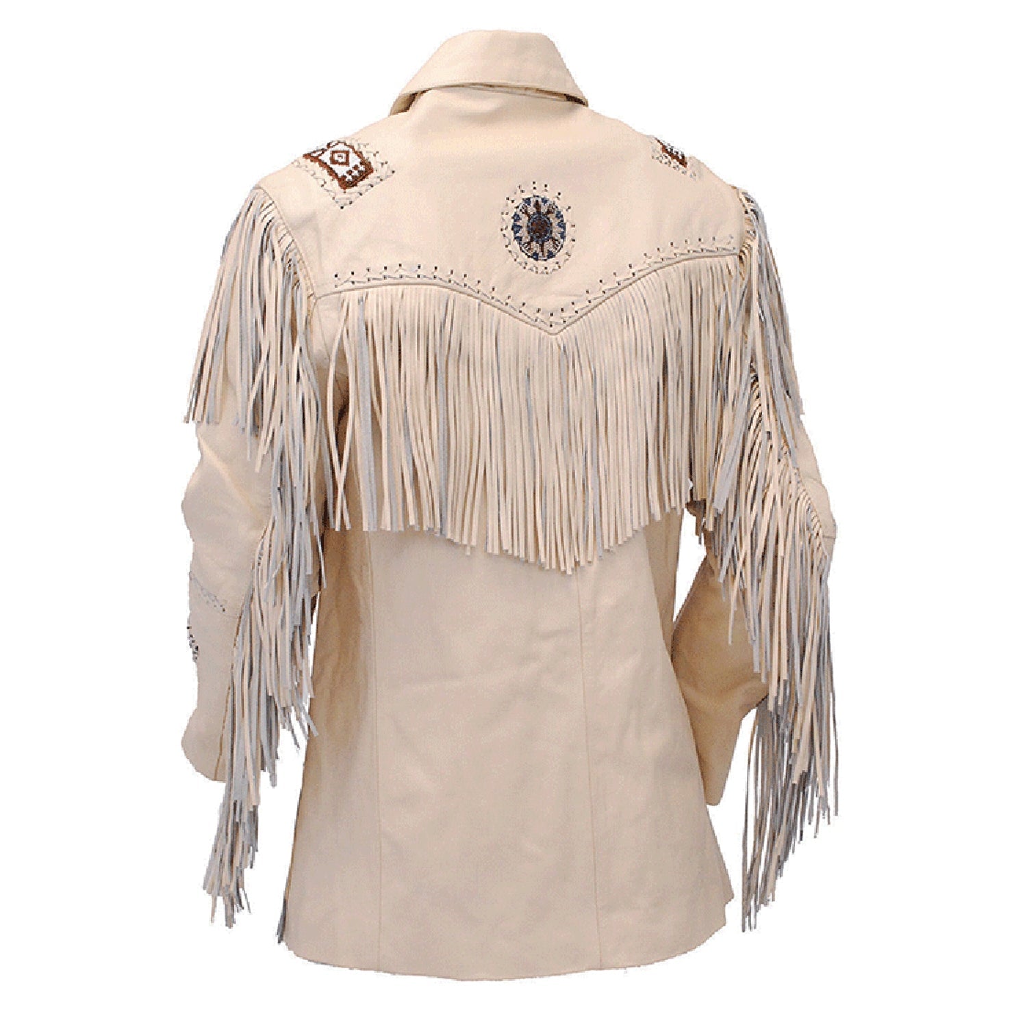 Back view of the beige leather fringe jacket for men