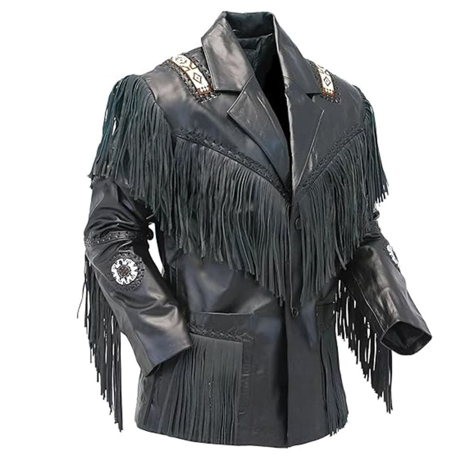 Front view of the beige leather fringe jacket for men