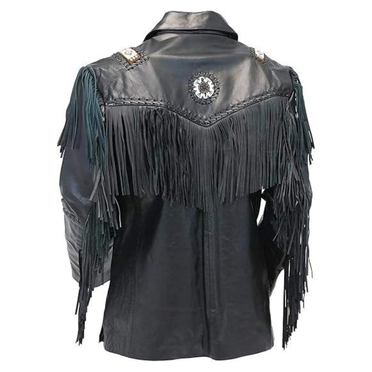 Back view of the beige leather fringe jacket for men