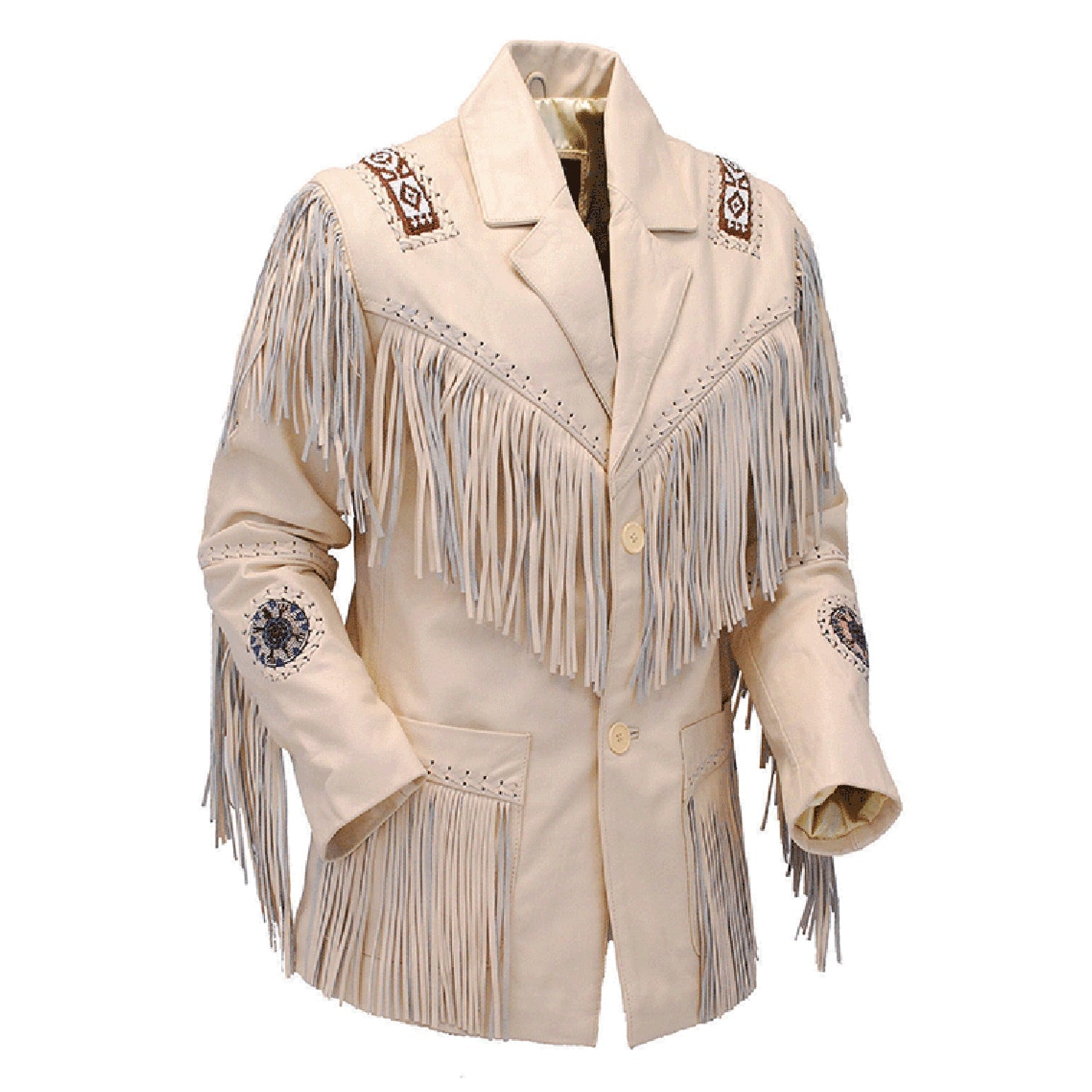 Front View of the beige leather fringe jacket for men
