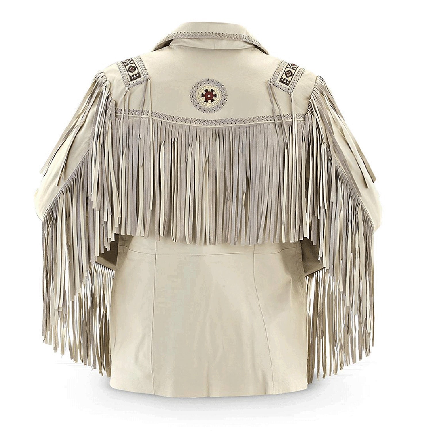 Back View of the beige leather fringe jacket for men