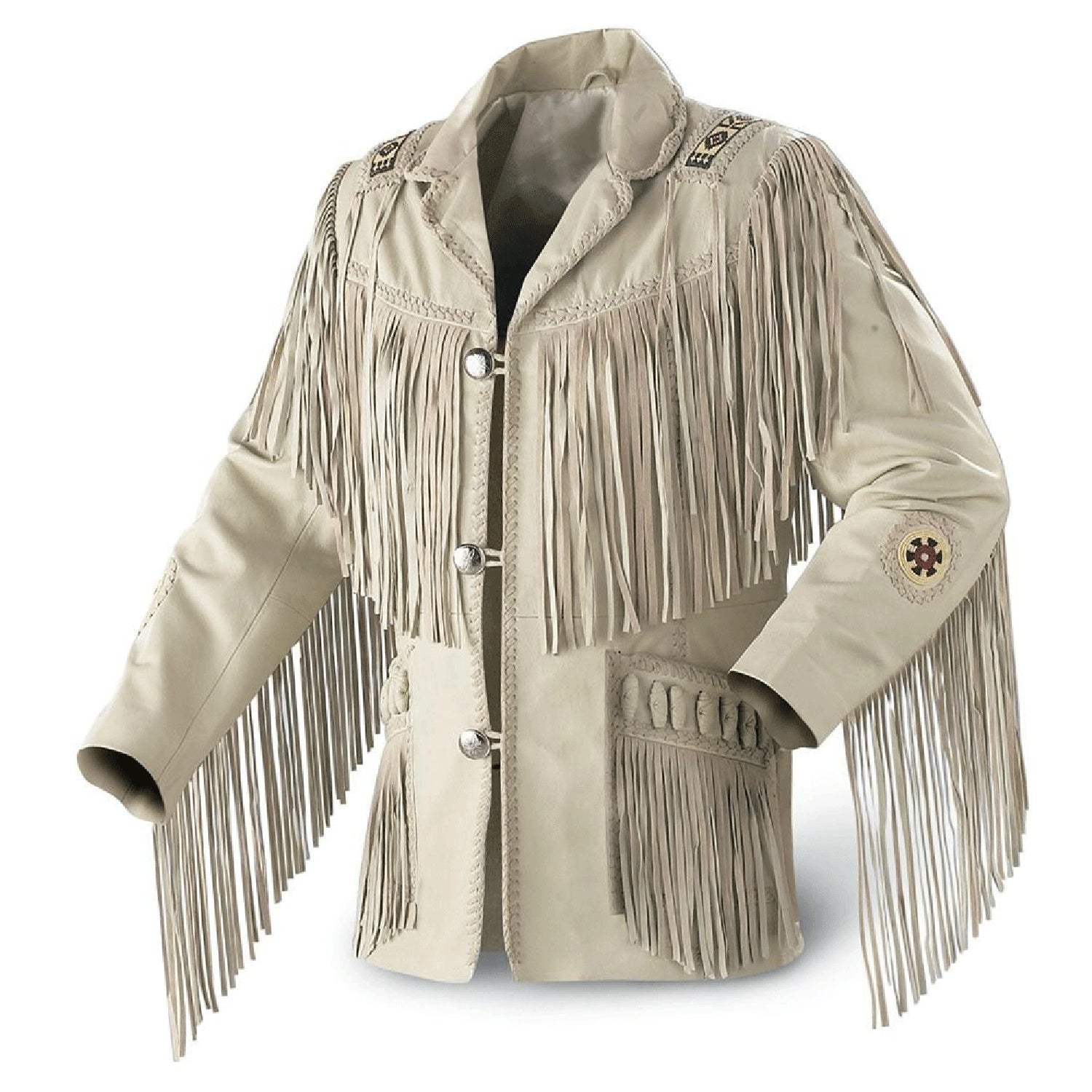 front view of the beige leather fringe jacket for men
