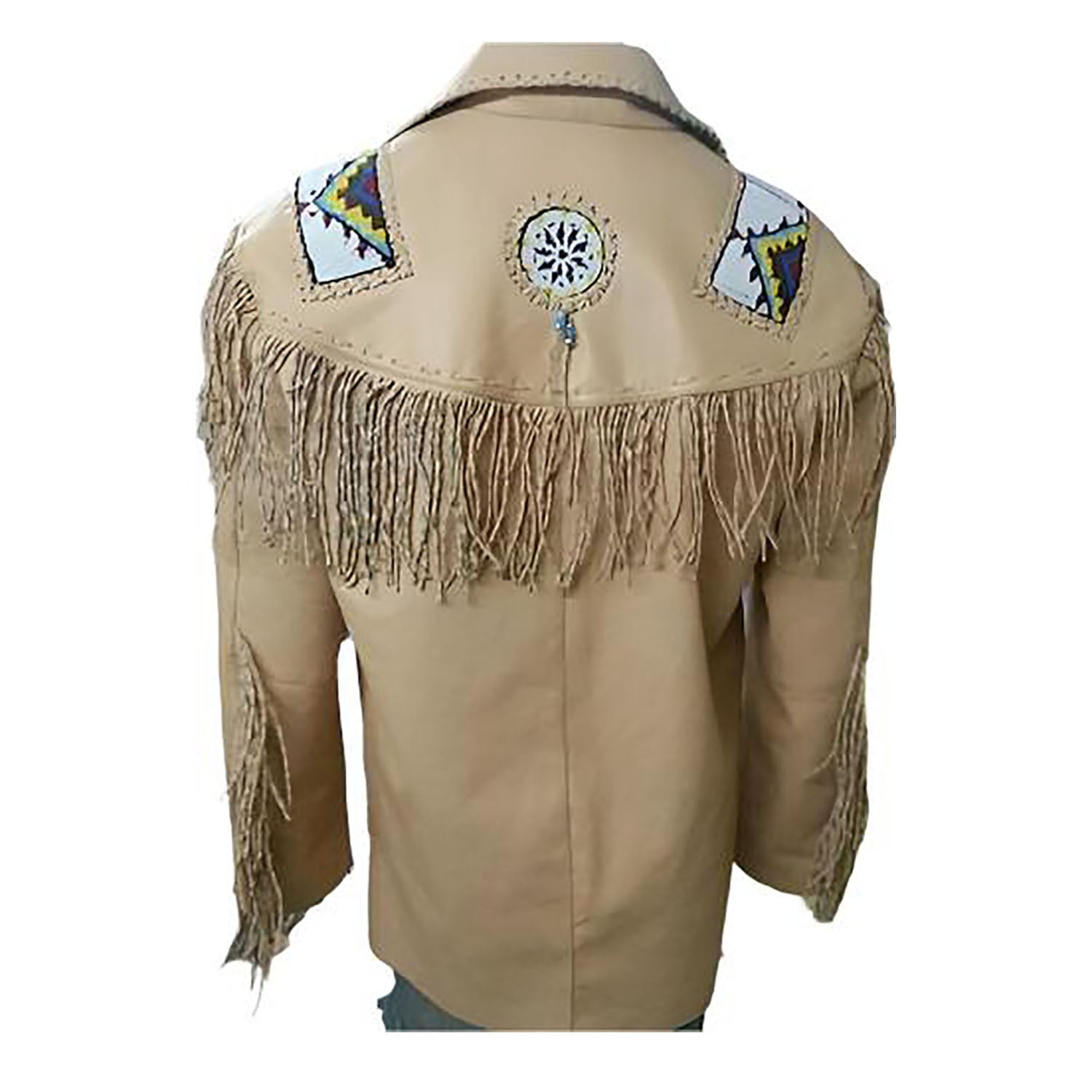 Back view of the beige leather fringe jacket for men