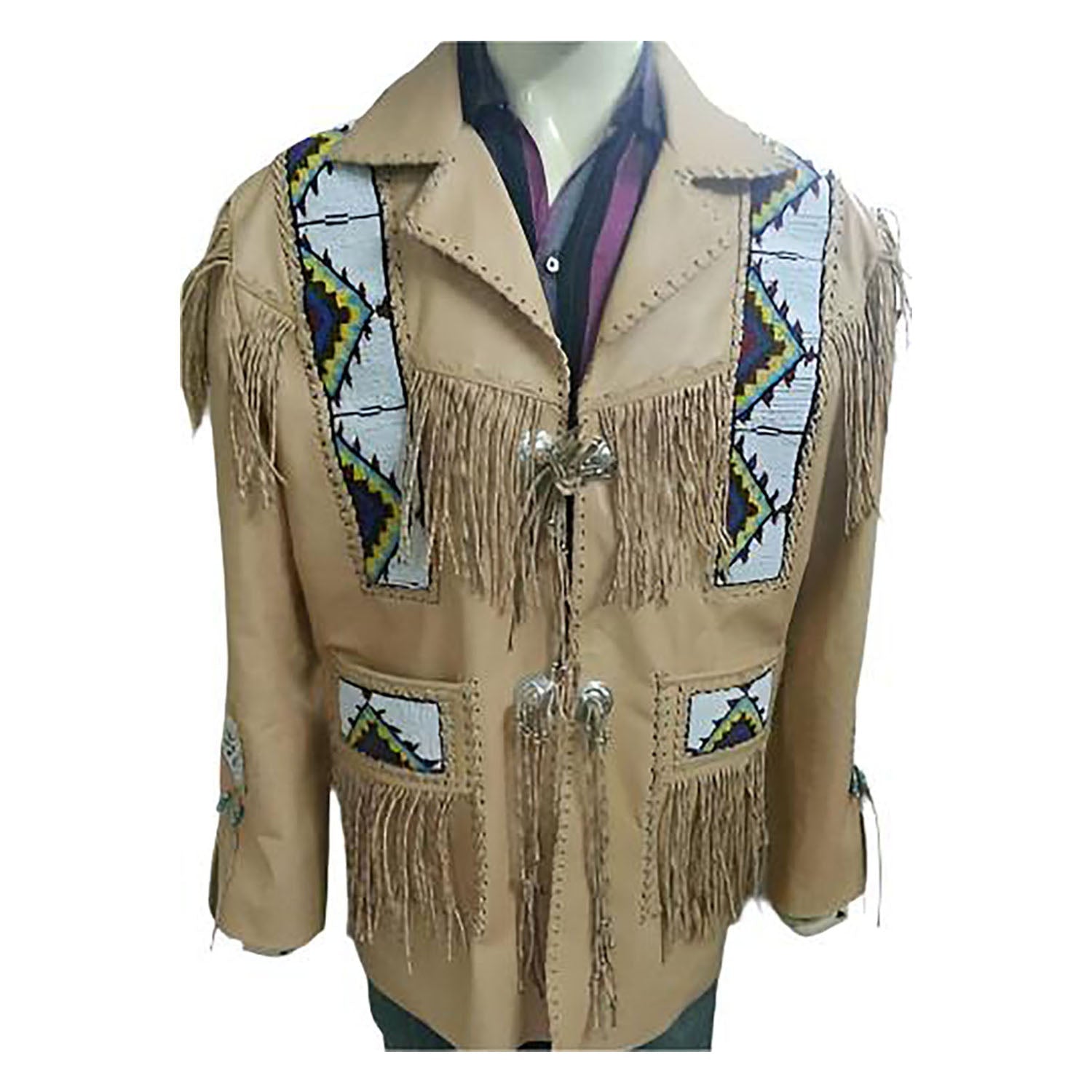 front view  of the beige leather fringe jacket for men