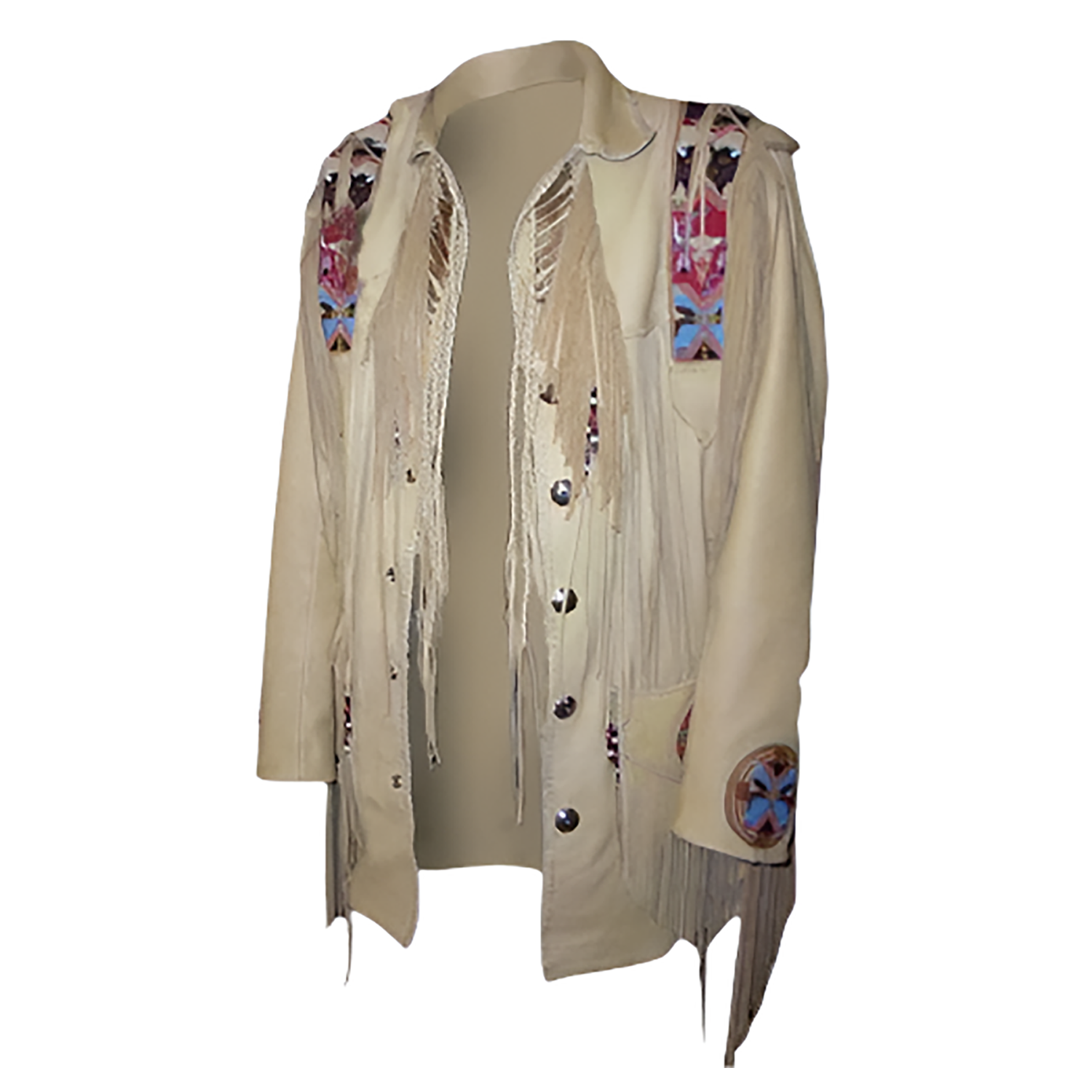Front side view of the beige leather fringe jacket for men