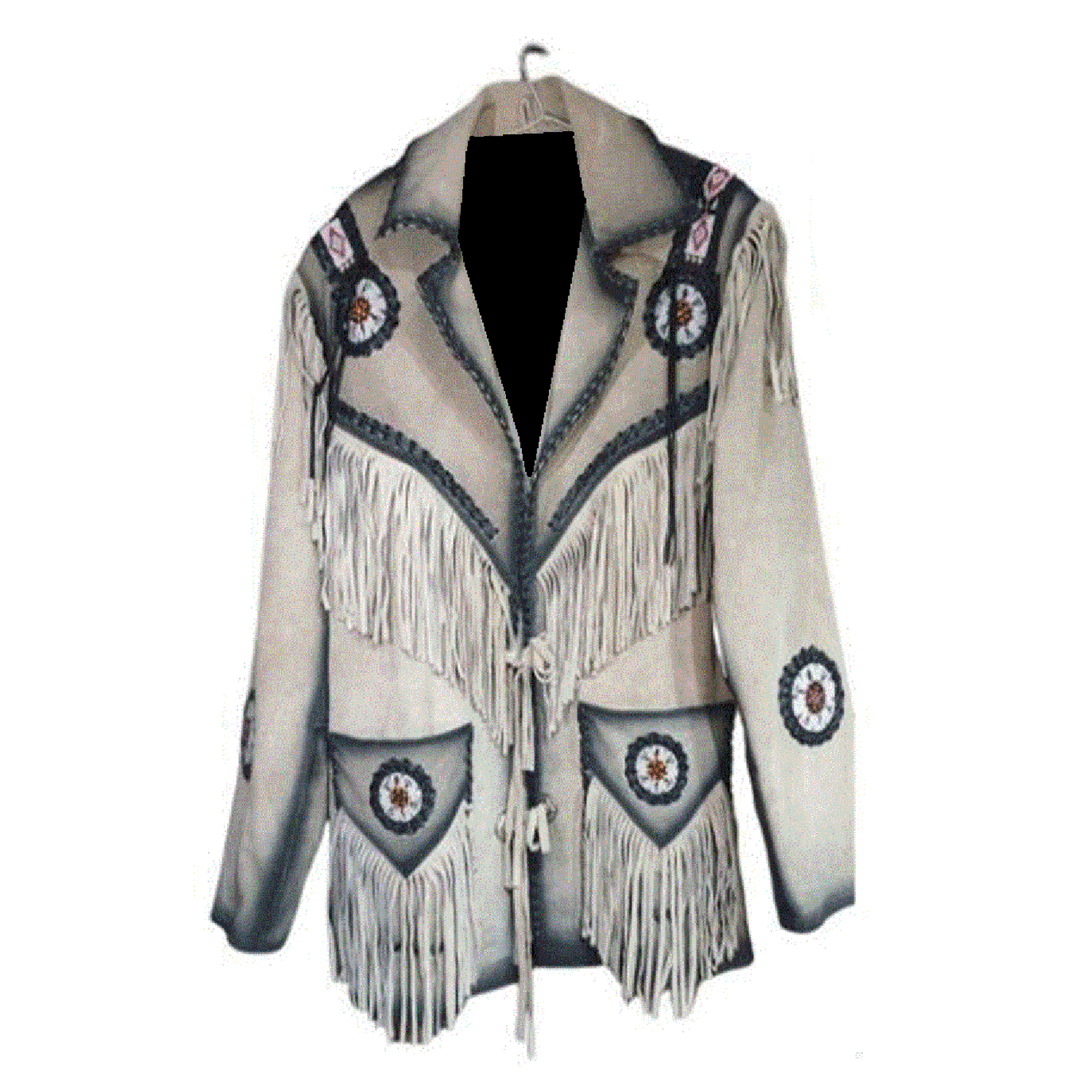 front view of the beige leather fringe jacket for men