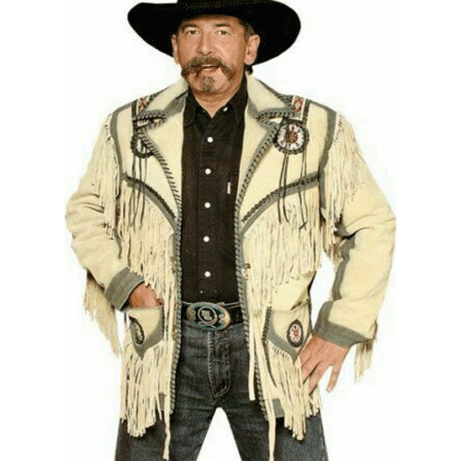 front view of the beige leather fringe jacket for men