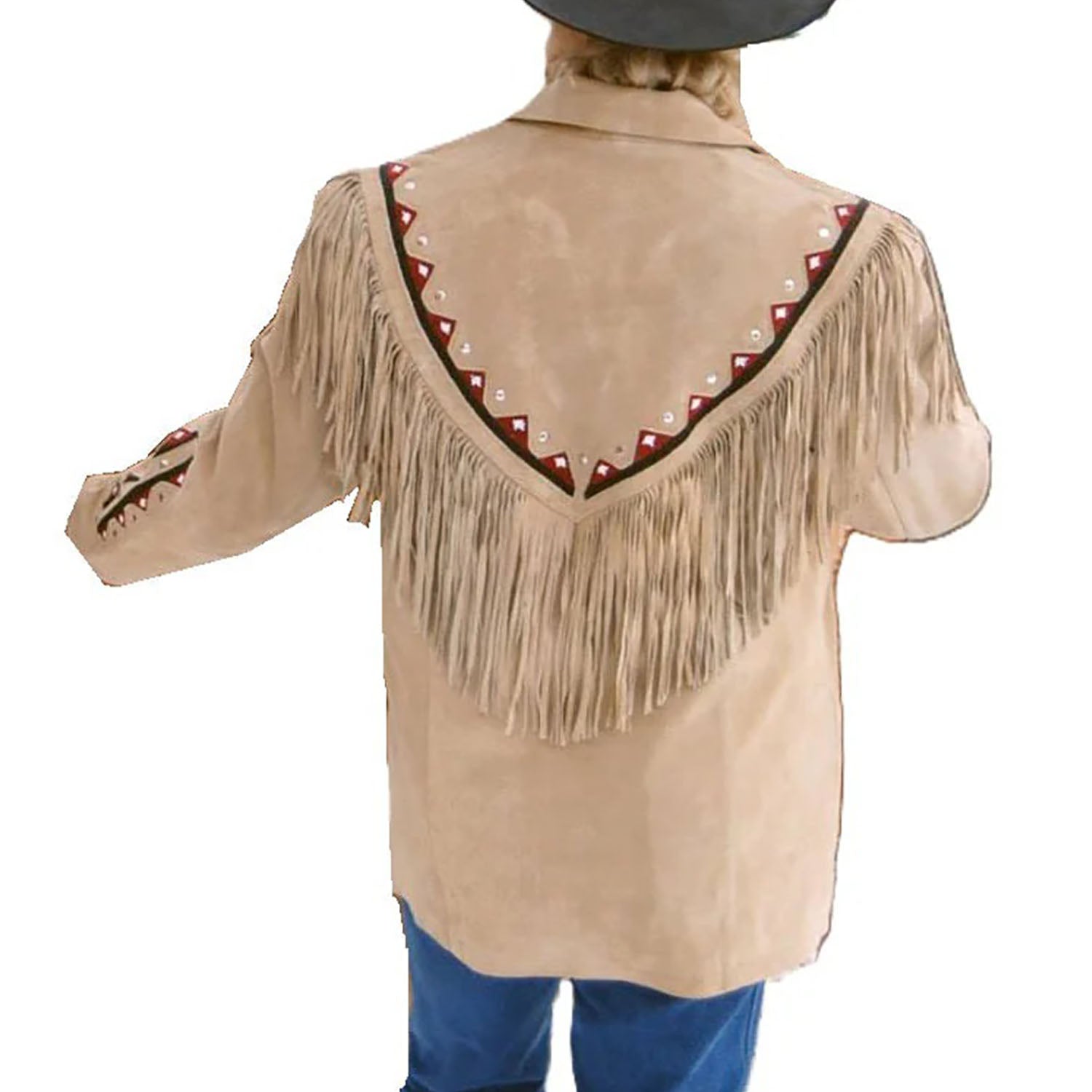 Back View of the beige suede leather fringe jacket for men