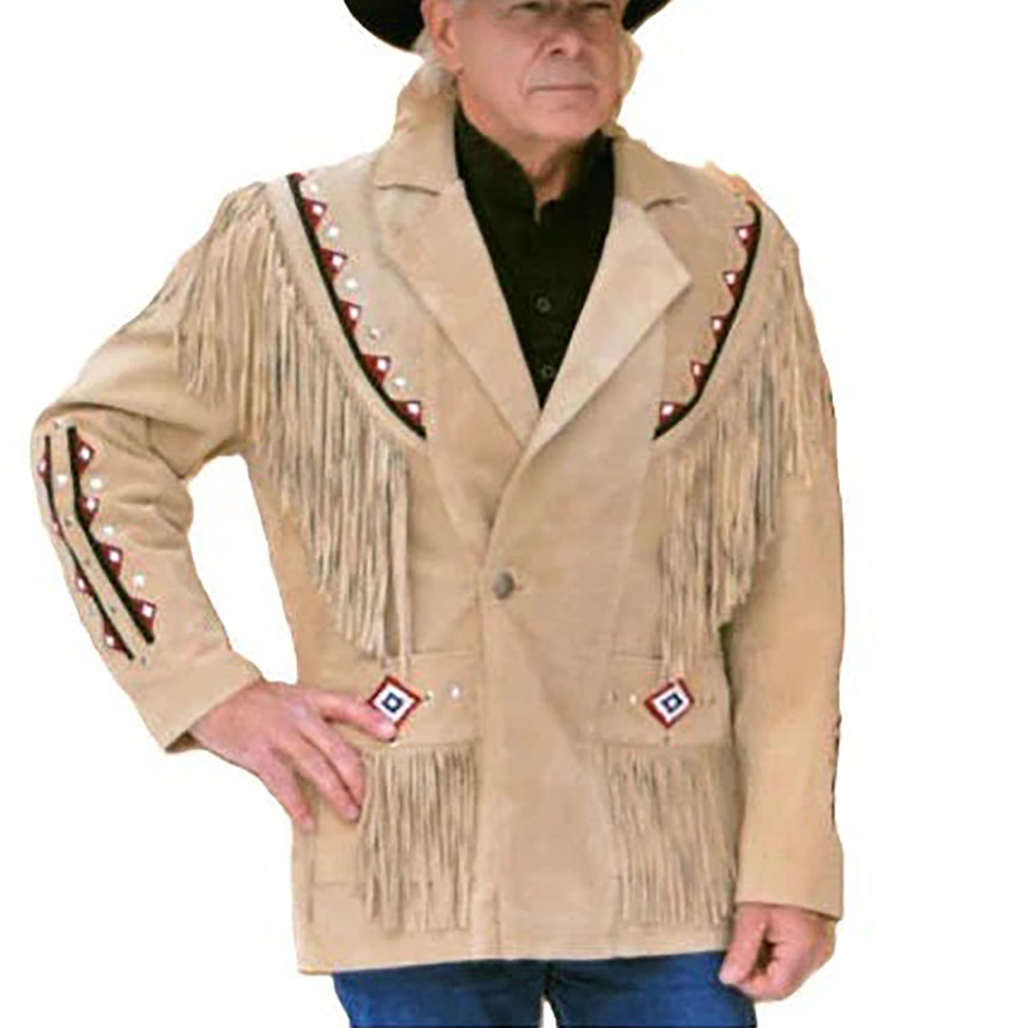 front view  of the beige suede leather fringe jacket for men