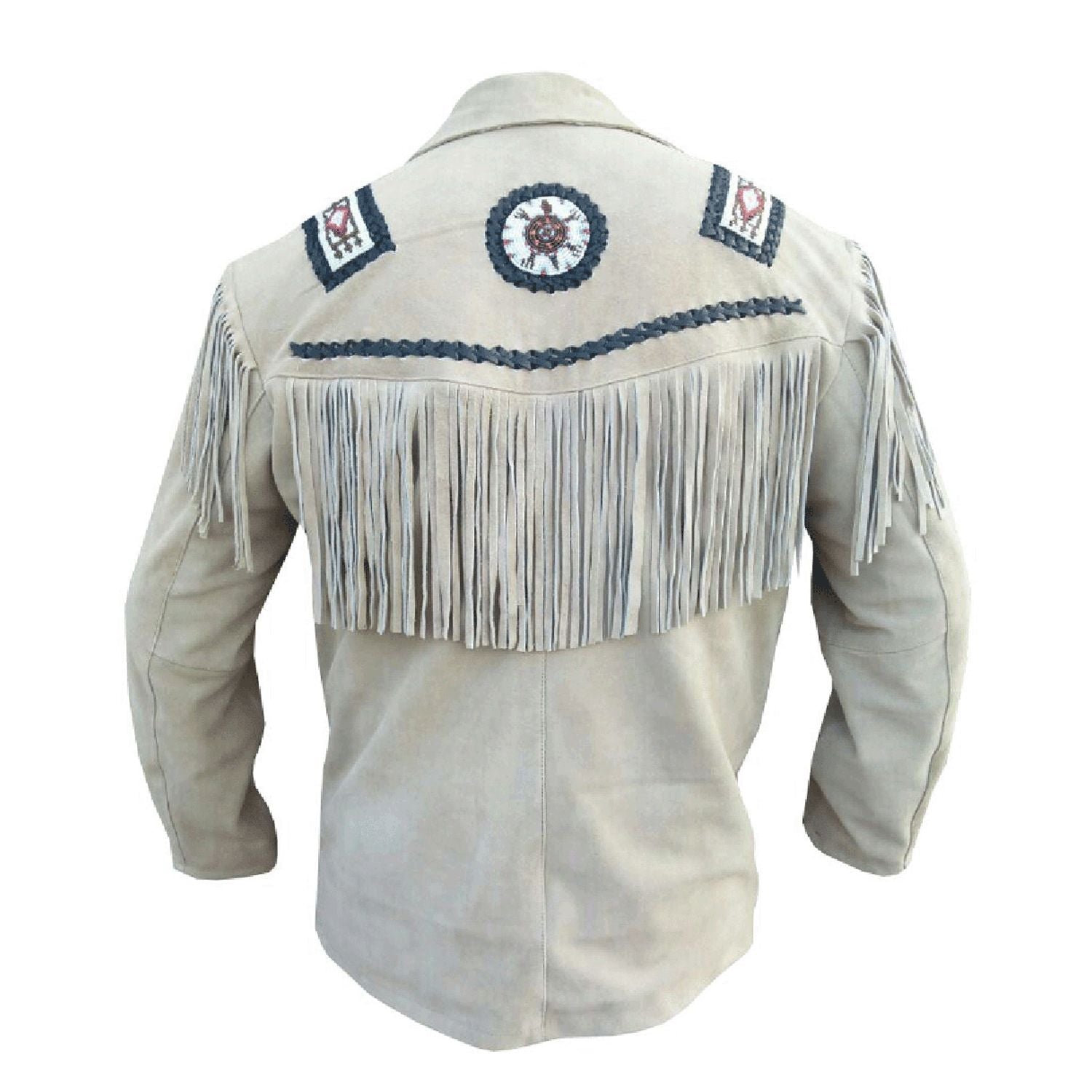 Worn styled look of the beige suede leather fringe jacket with beaded detailing for men