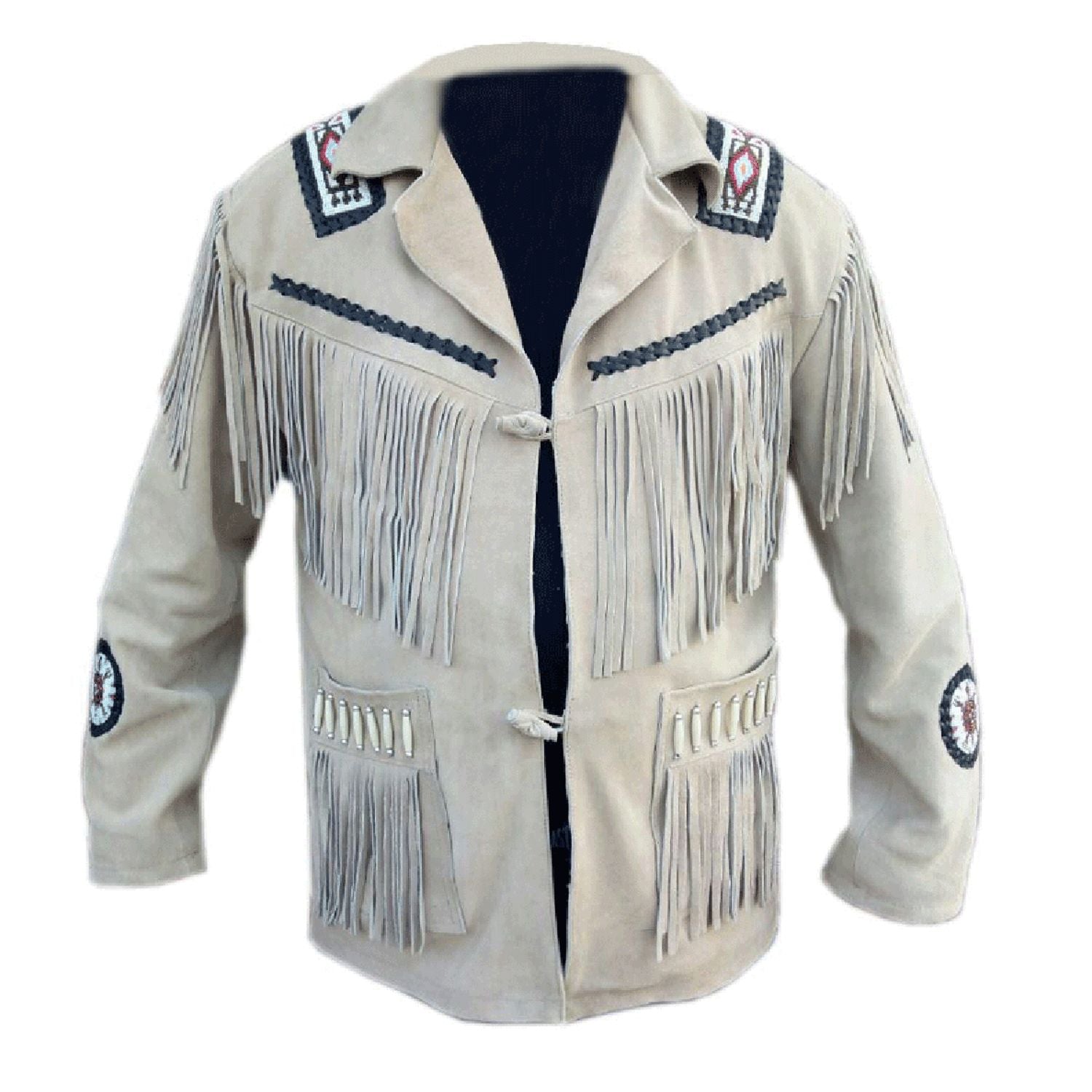 Front view of the beige suede leather fringe jacket with beaded detailing for men