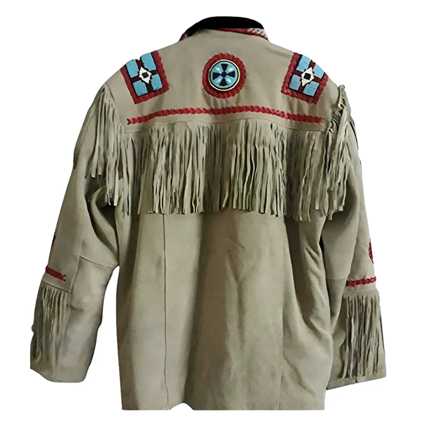 Beige suede leather fringe jacket with eagle beadwork, detail shot