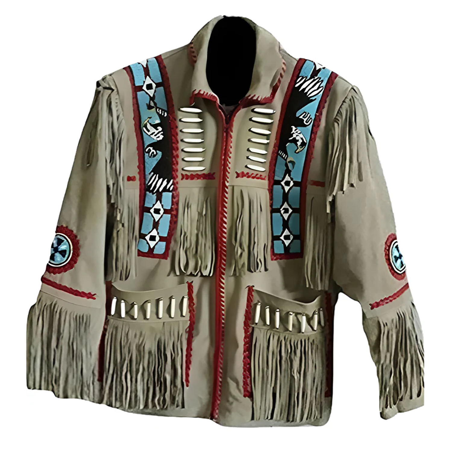 Beige suede leather fringe jacket with eagle beadwork, full display