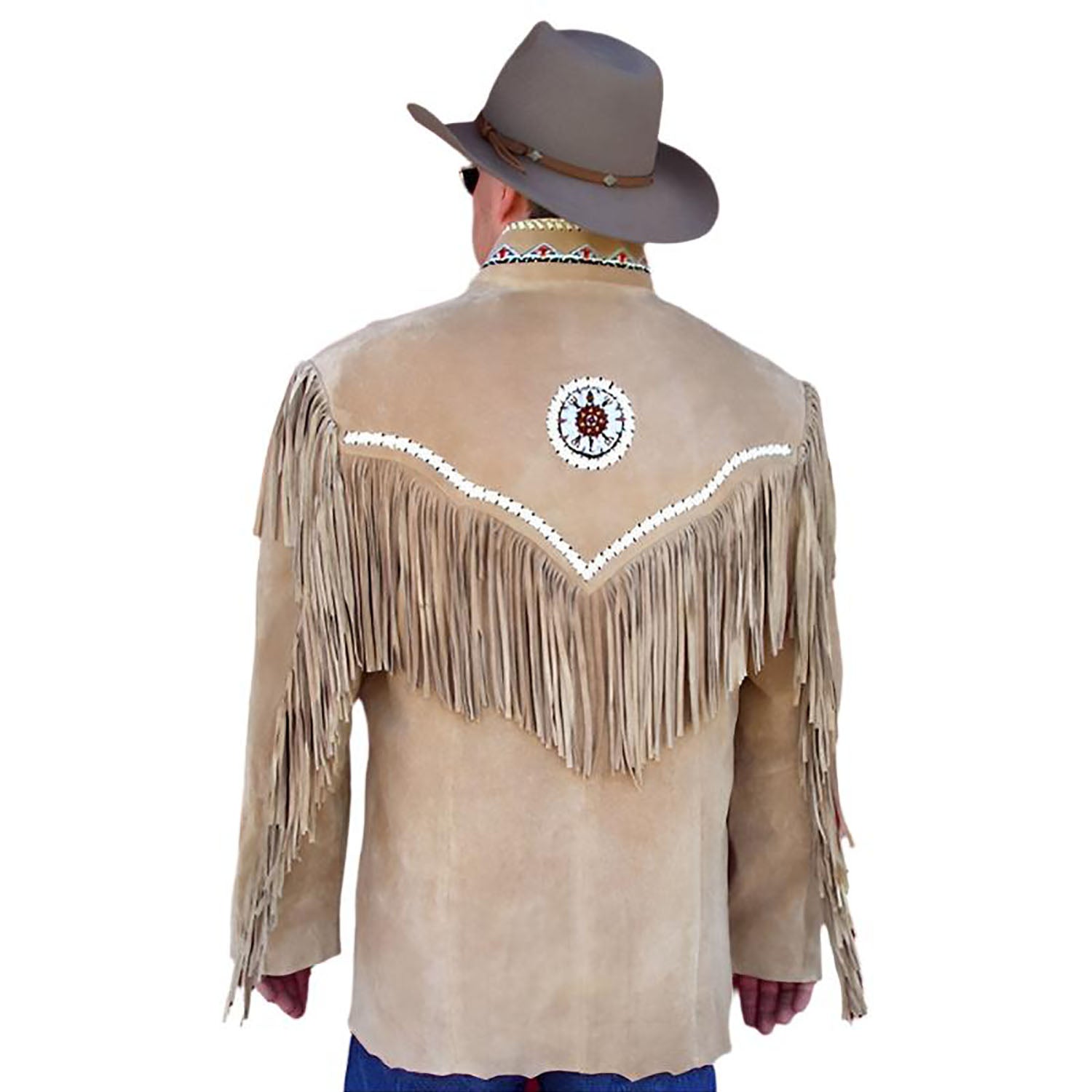 Back View of the beige suede leather fringe jacket for men