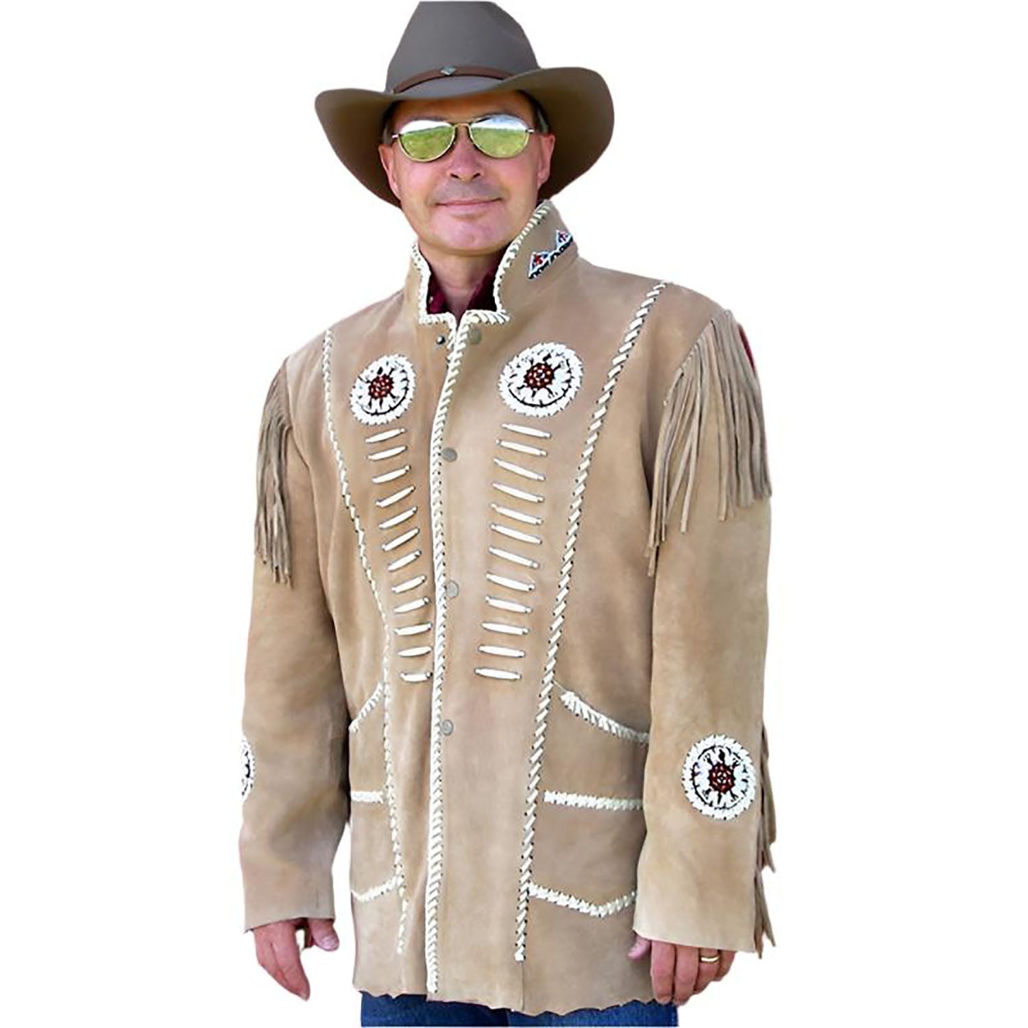 A man wearing hat and sunglasses and the beige suede leather fringe jacket