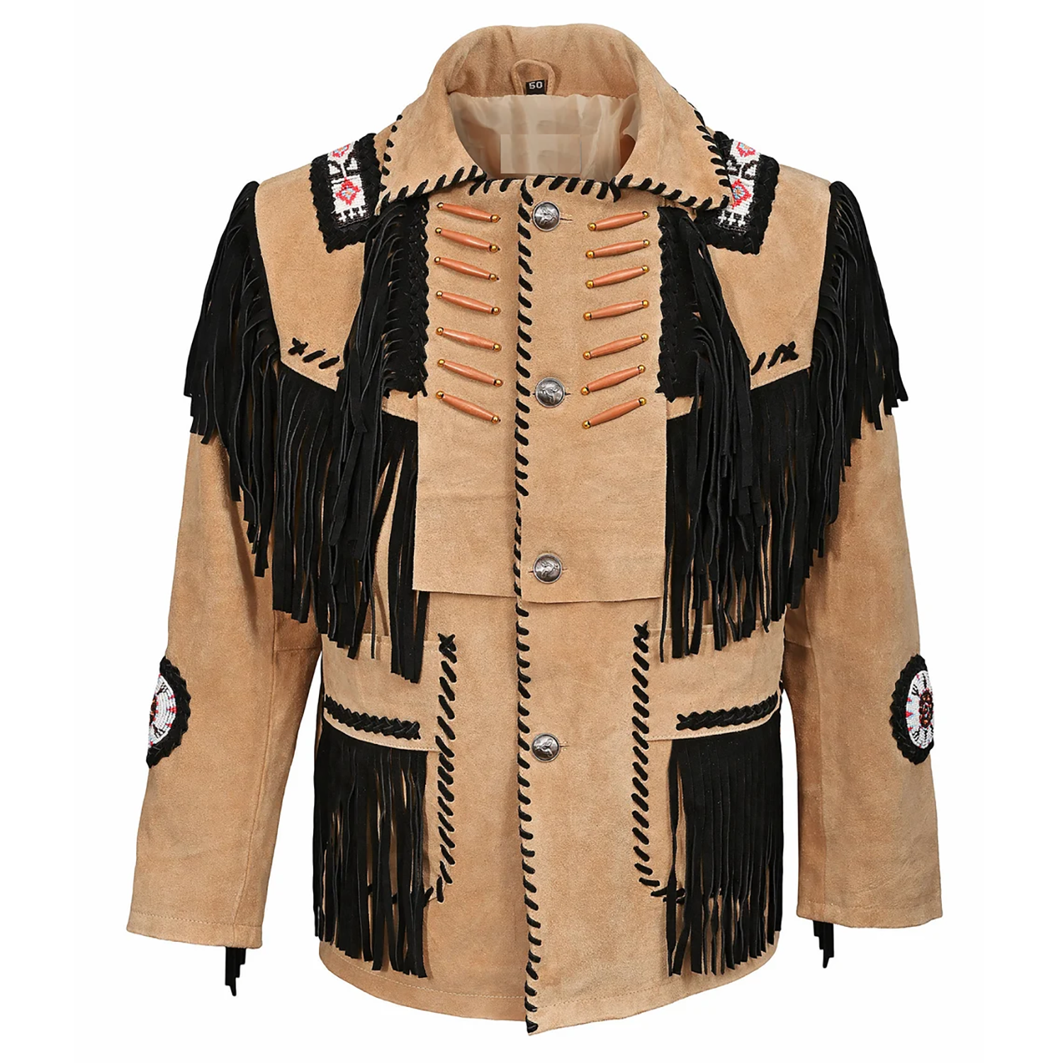 Close-up detail showing the beige suede leather fringe jacket with beaded detailing