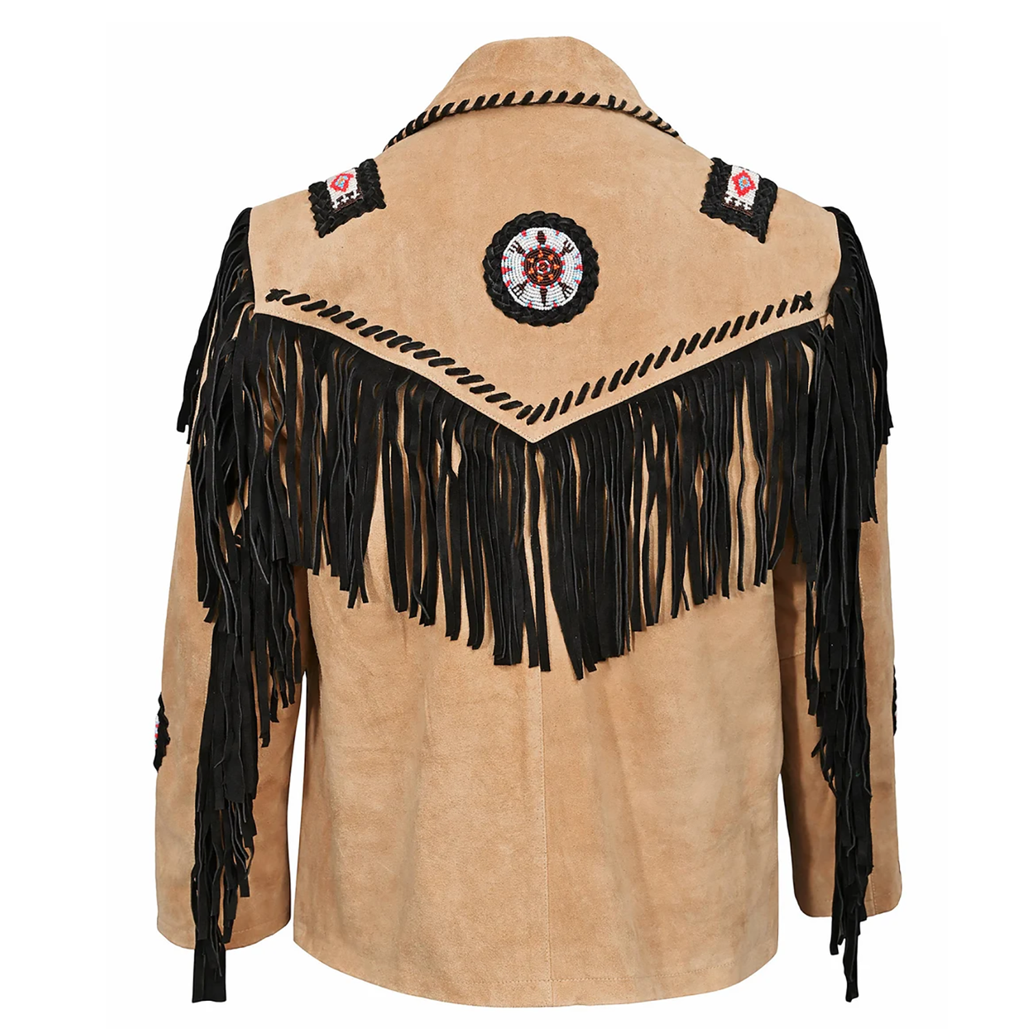 Worn styled look showing the beige suede leather fringe jacket with beaded detailing