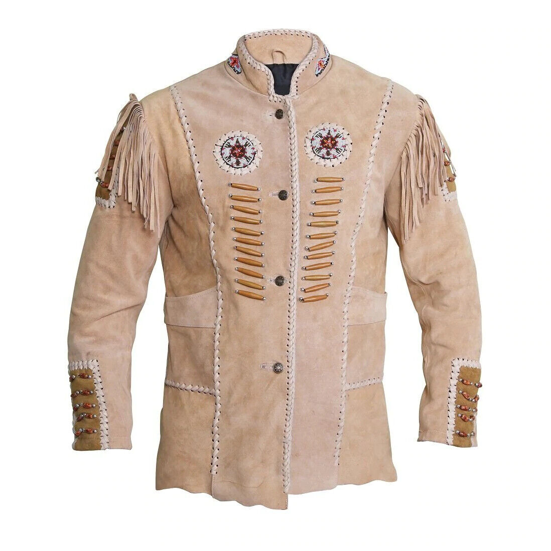 Beige suede leather fringe jacket with bone-work trim, close-up detail