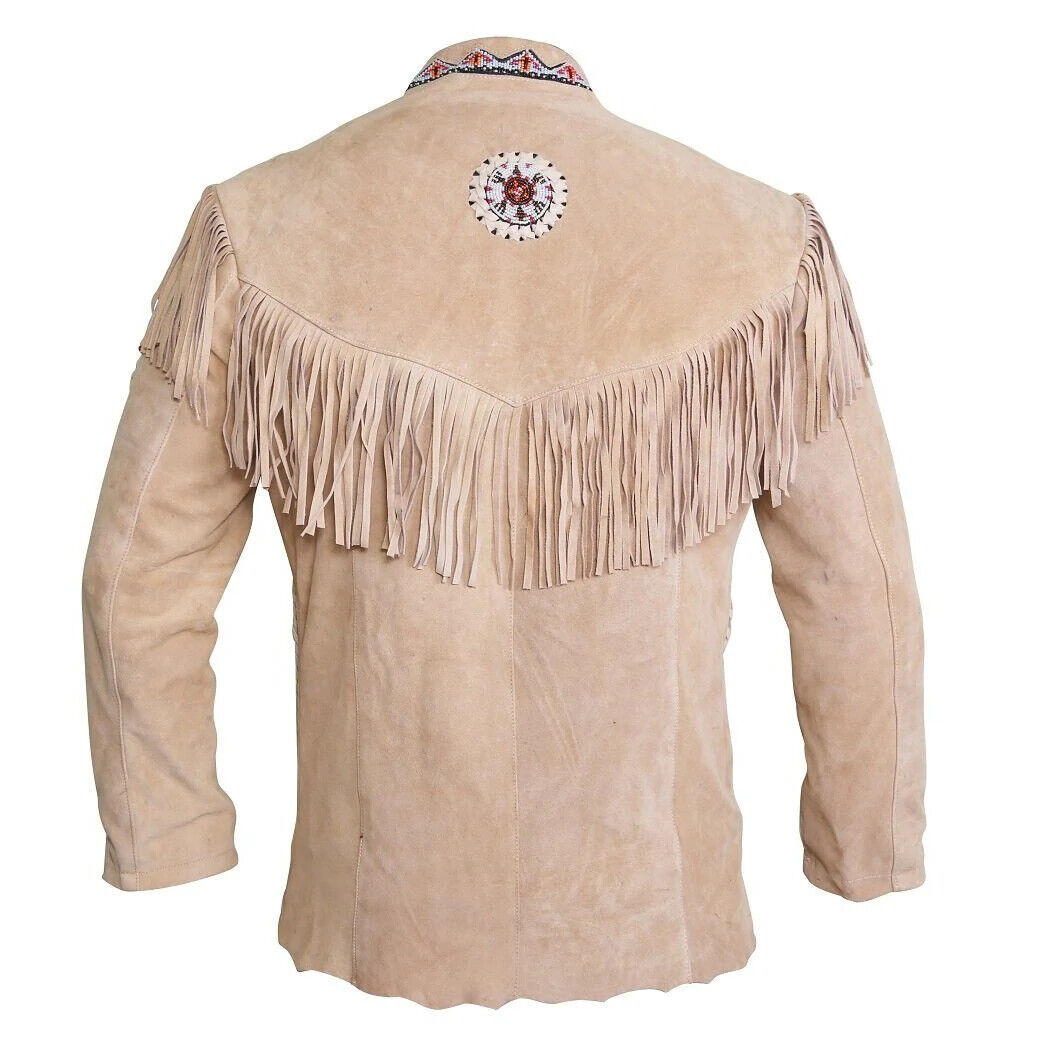 Beige suede leather fringe jacket with bone-work trim, worn styled look