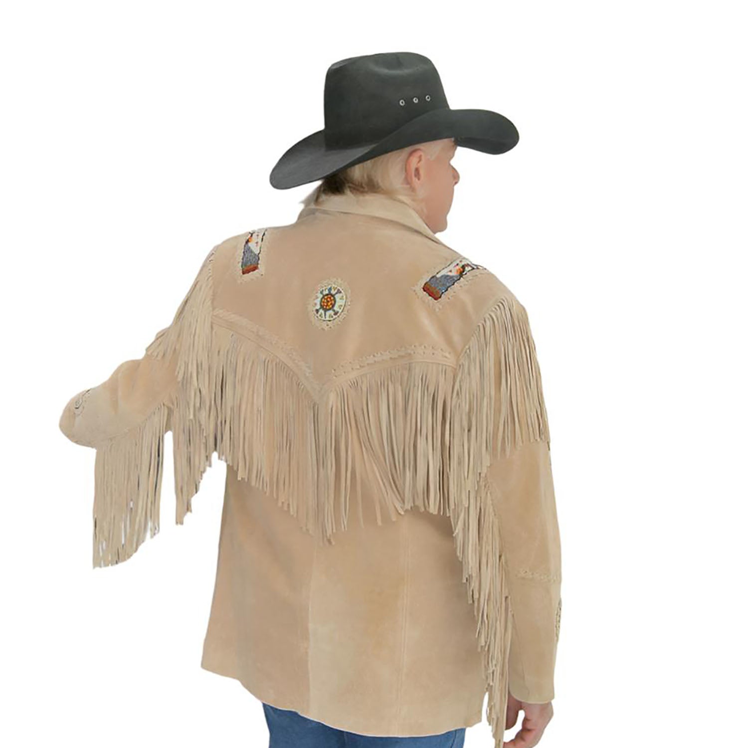 Back View of the beige suede leather fringe jacket for men