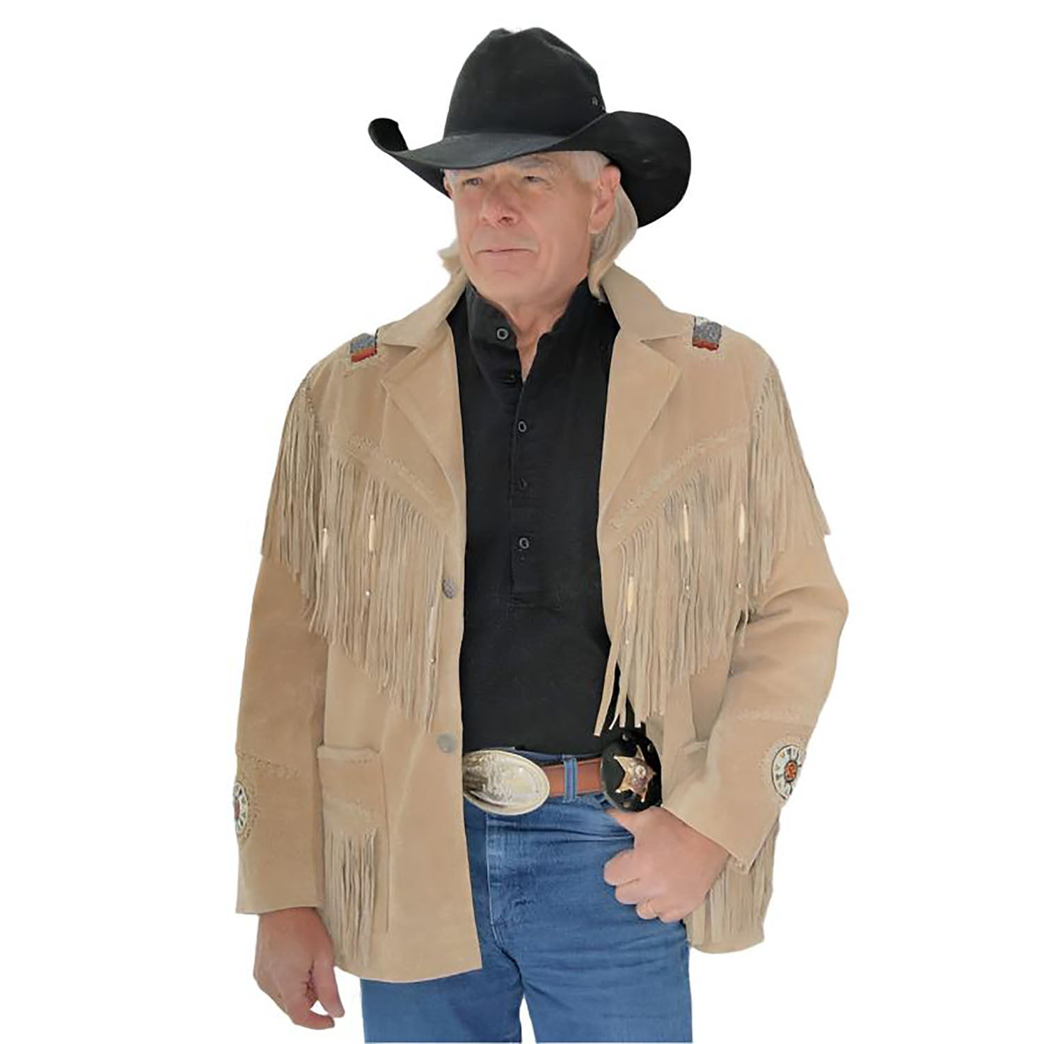 Front view of Beige suede leather fringe jacket with beaded detailing,