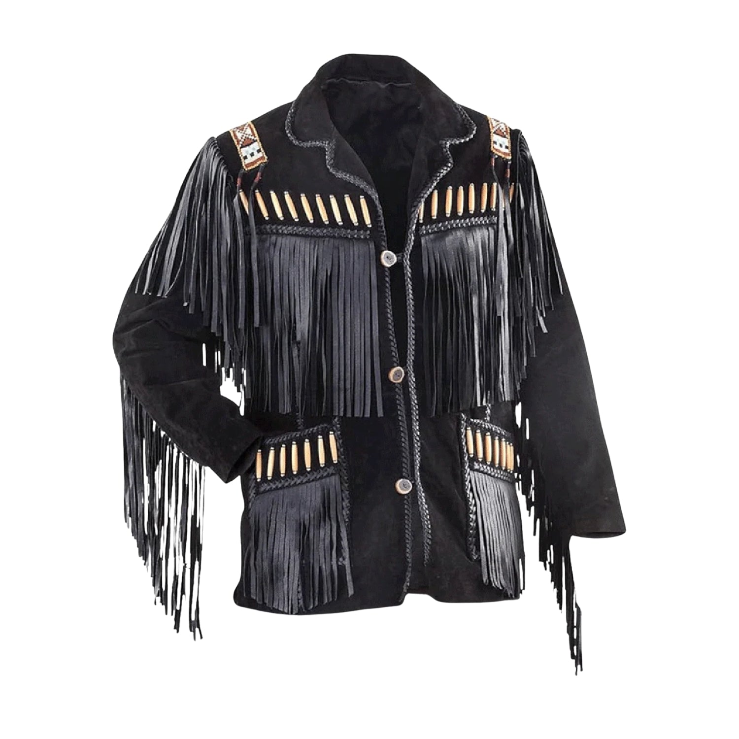 Detail shot of the black buckskin suede leather fringe jacket with beaded detailing for men