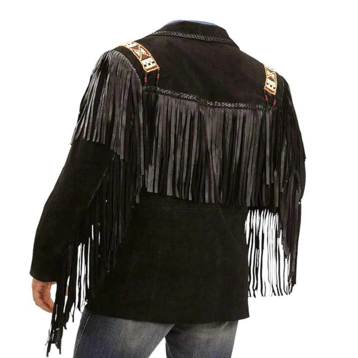 Front view of the black buckskin suede leather fringe jacket with beaded detailing for men