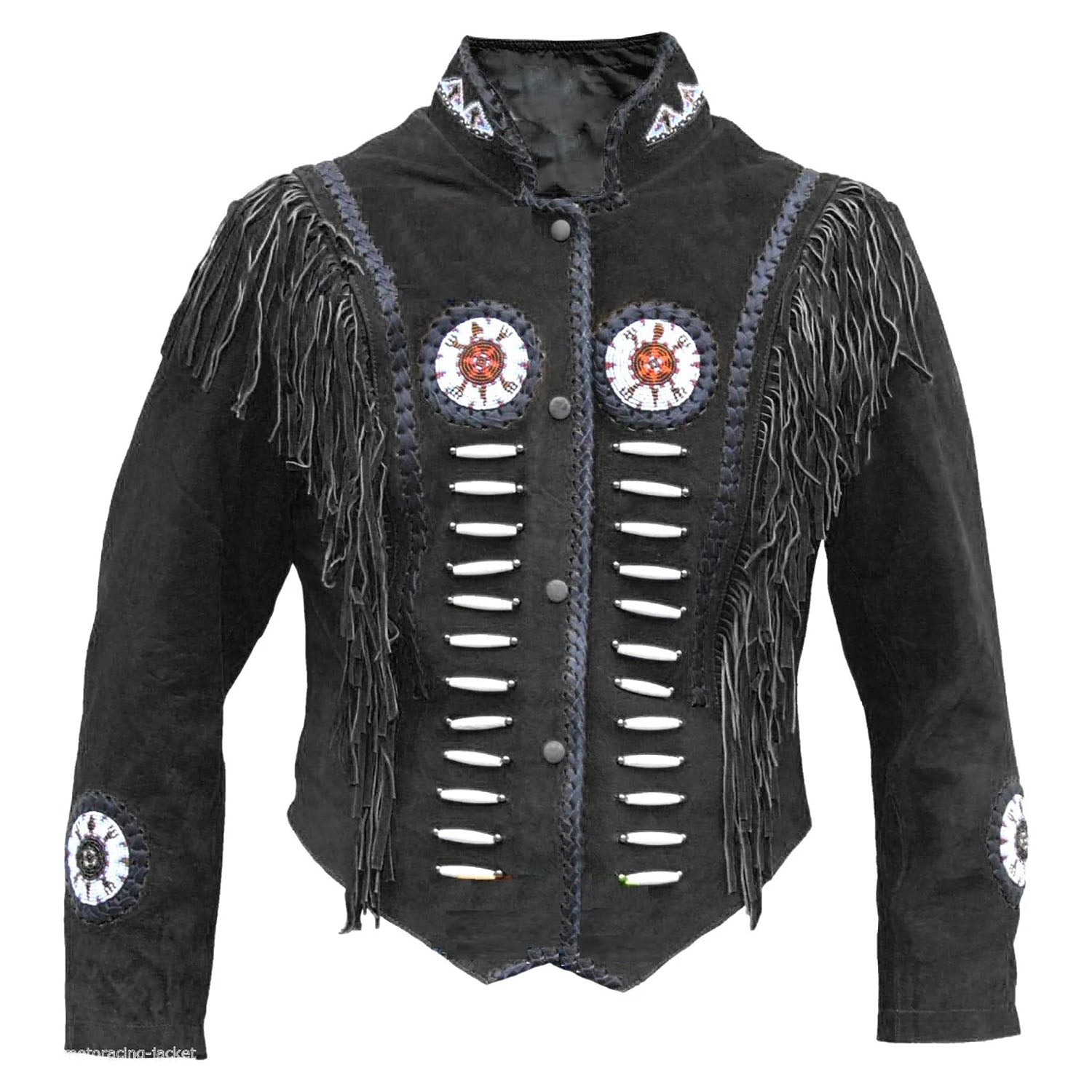Worn styled look showing the black buckskin suede leather fringe jacket with beaded detailing